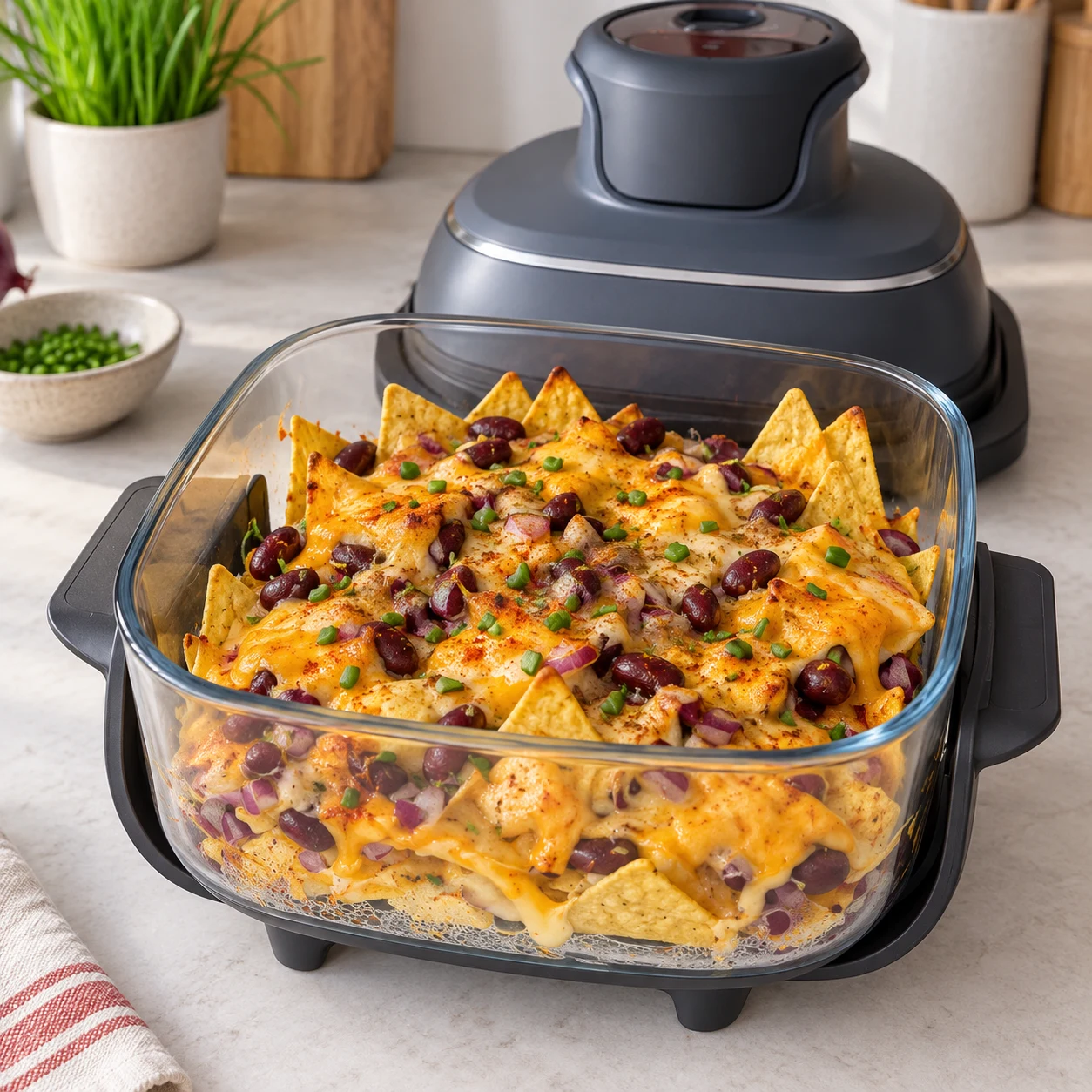 Récipient en verre de nachos gratinés, spécialité végétale fondue ; appareil sans marque.