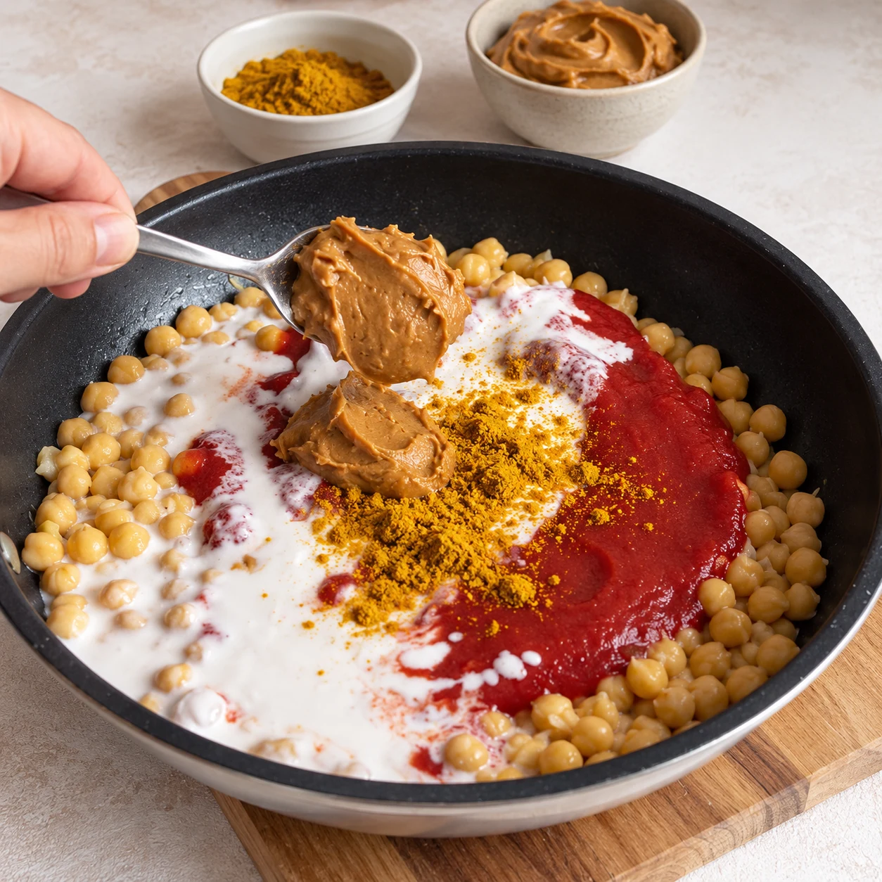 Cuillère de beurre de cacahuète déposée dans une poêle de pois chiches nappés de purée de tomates et de lait de coco saupoudrés de curry.