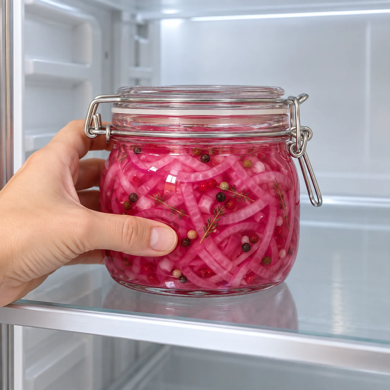 Bocal de pickles rose vif grains du mélange cinq baies entières noirs, blancs, verts et rouges et thym sur tablette d’un réfrigérateur propre, aucun autre aliment.