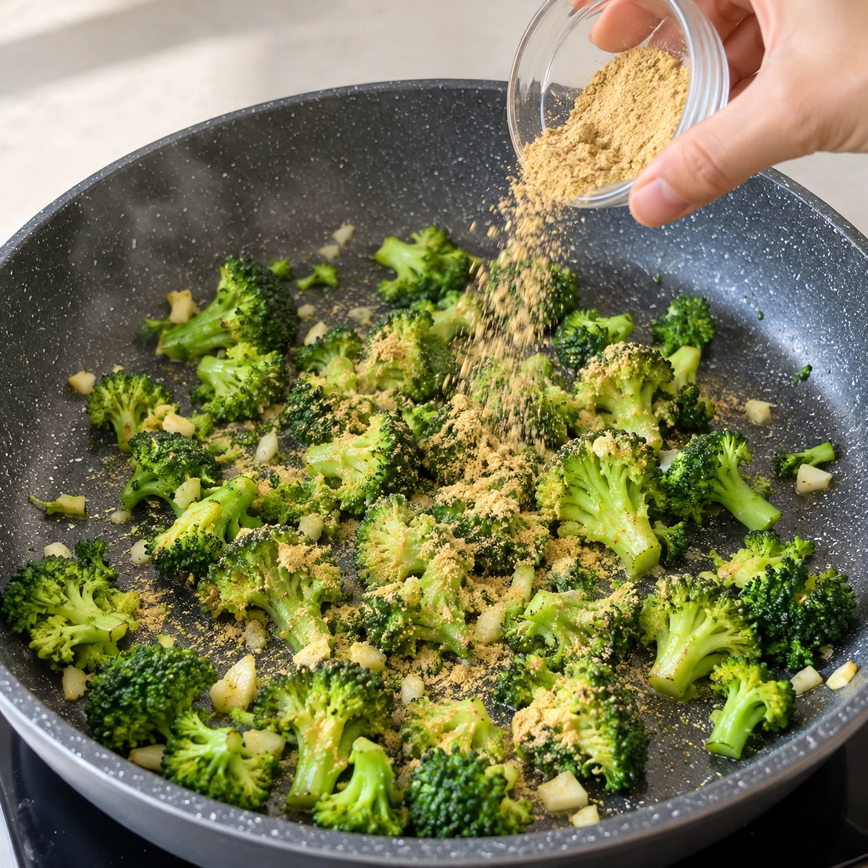 Ajout de gingembre moulu sur le brocoli sauté à l’ail, sans riz ni pois chiches.
