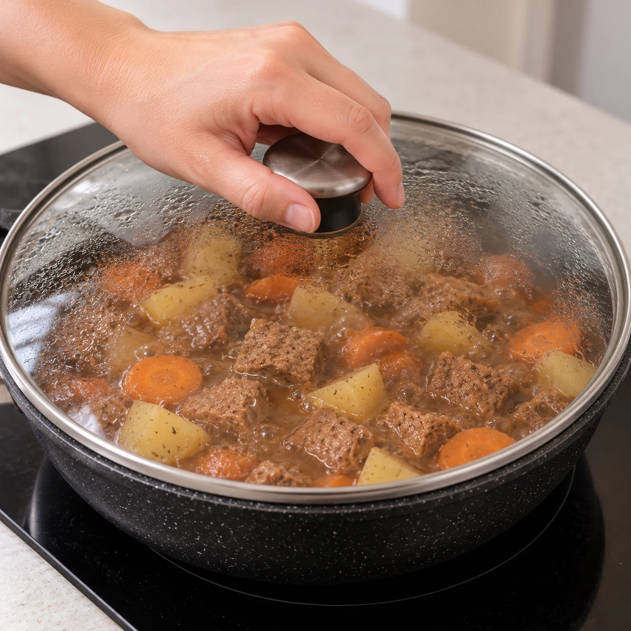 Couvercle posé sur la sauteuse où mijotent morceaux de steak végétal, carottes et pommes de terre dans une sauce brune.