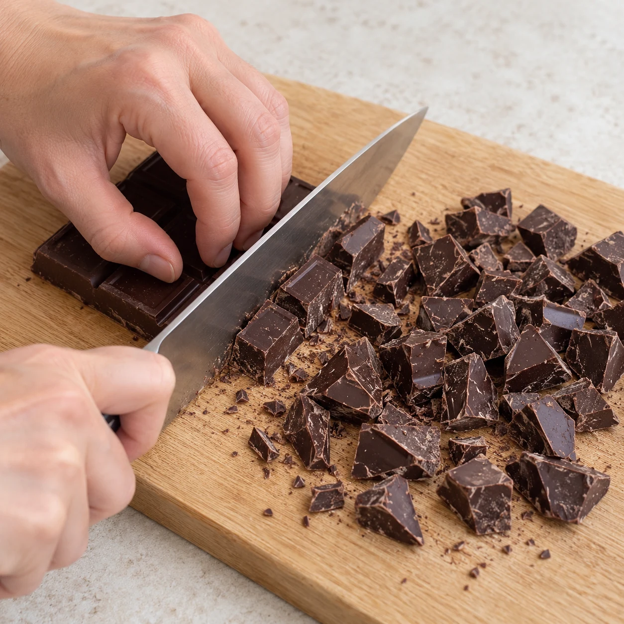 Coupe les 250 g de chocolat noir en morceaux sur une planche stable, avec les doigts repliés et éloignés de la lame. Montrer uniquement le résultat et le geste de cette étape, sans texte ni personne identifiable.