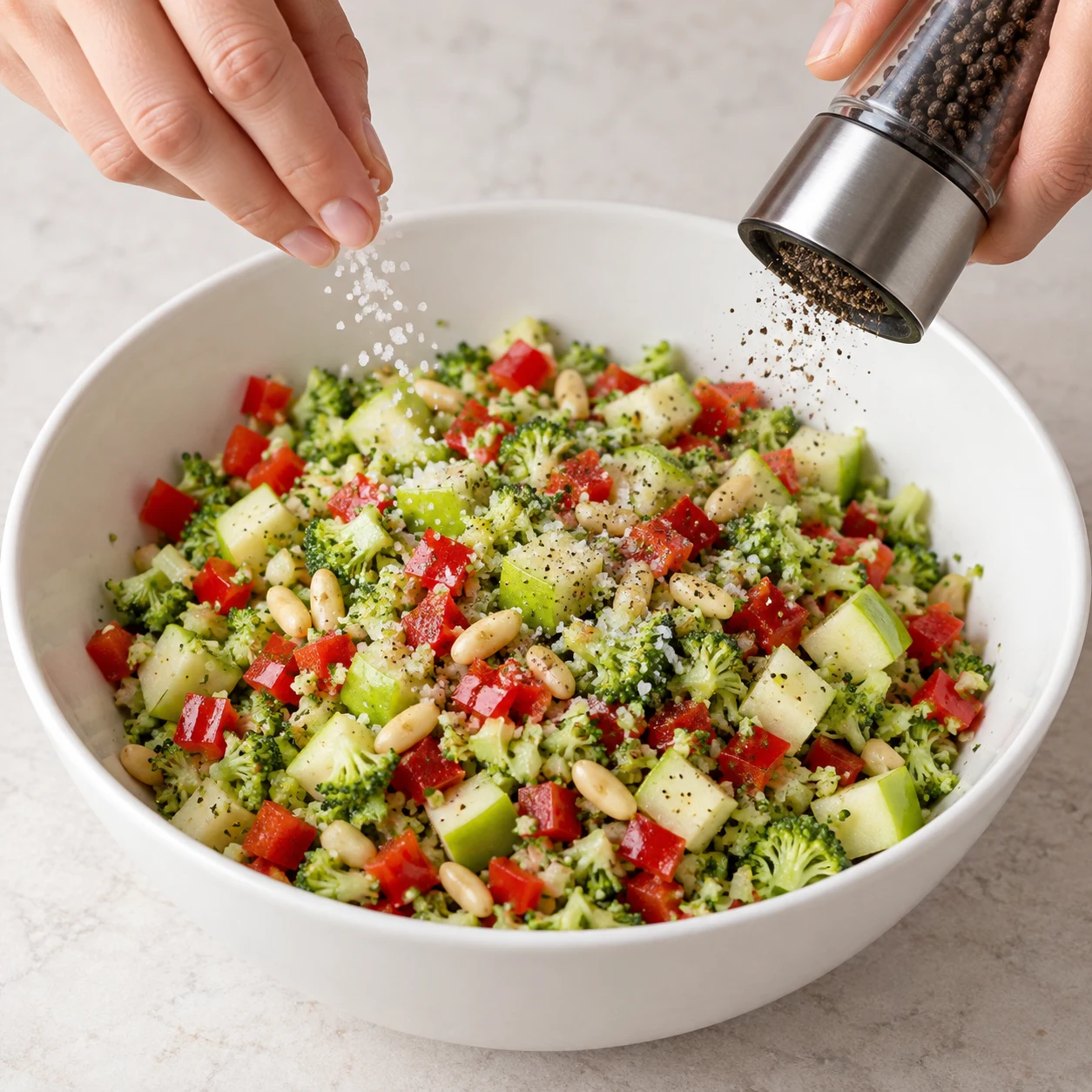 Saler et poivrer : Le sel et le poivre sont ajoutés à la salade. Montrer seulement les ingrédients présents à ce stade, mains adultes anonymes si le geste le nécessite.