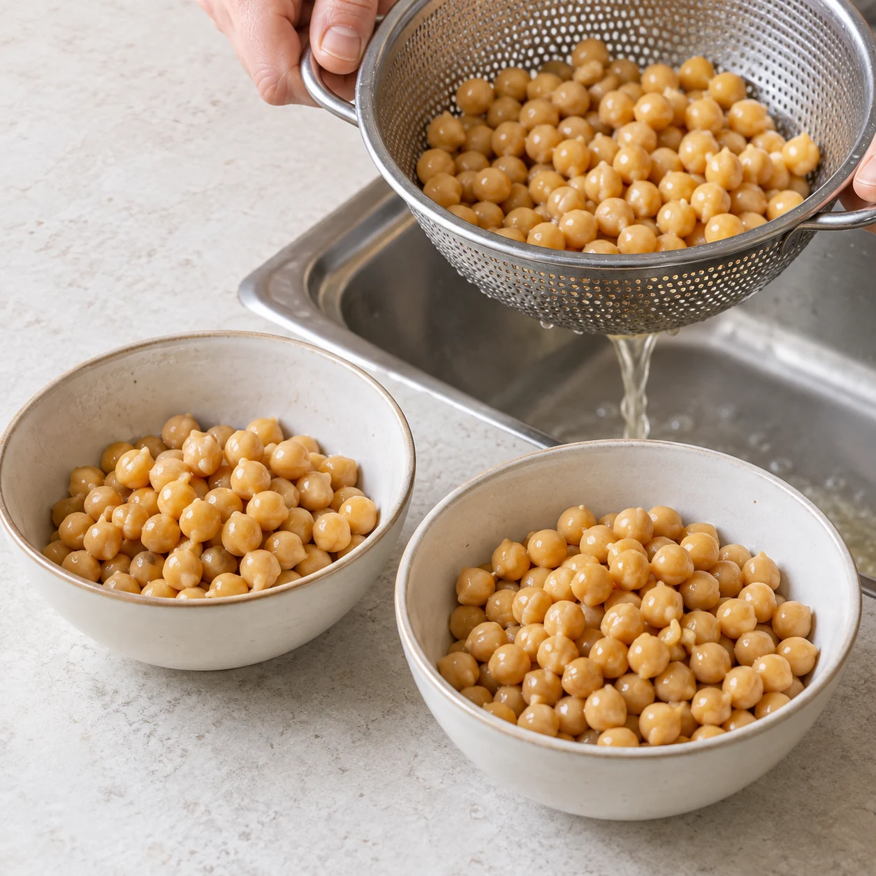 Une seule photographie carrée du geste « Égoutter les pois chiches »: Égoutte les pois chiches en conserve. Pèse 250 g pour la garniture et 300 g pour sa base crémeuse; les poids sont ceux des pois chiches égouttés. État obtenu: Deux parts de pois chiches cuits égouttés sont prêtes, de 250 g et de 300 g.. Uniquement les ingrédients autorisés à cette étape; pas de visage, de texte ou d’ingrédient animal.