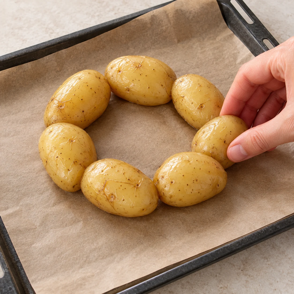 Photographie carrée de l’action : Placer les pommes de terre. Les pommes de terre cuites sont rapprochées en cercle sur le papier cuisson. Ingrédients exclusivement ceux de cette étape ; jambon et fromages sont végétaux.