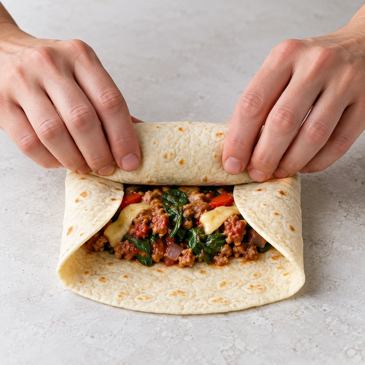 Roule la tortilla sur elle-même en enfermant la farce ; répète pour les six burritos. Montrer uniquement les ingrédients présents à ce stade, sur un plan de travail en pierre claire.