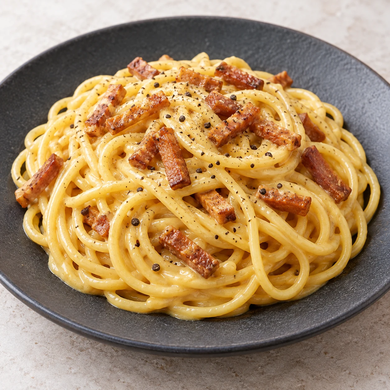 Spaghettis façon carbonara aux lardons végétaux fumés
