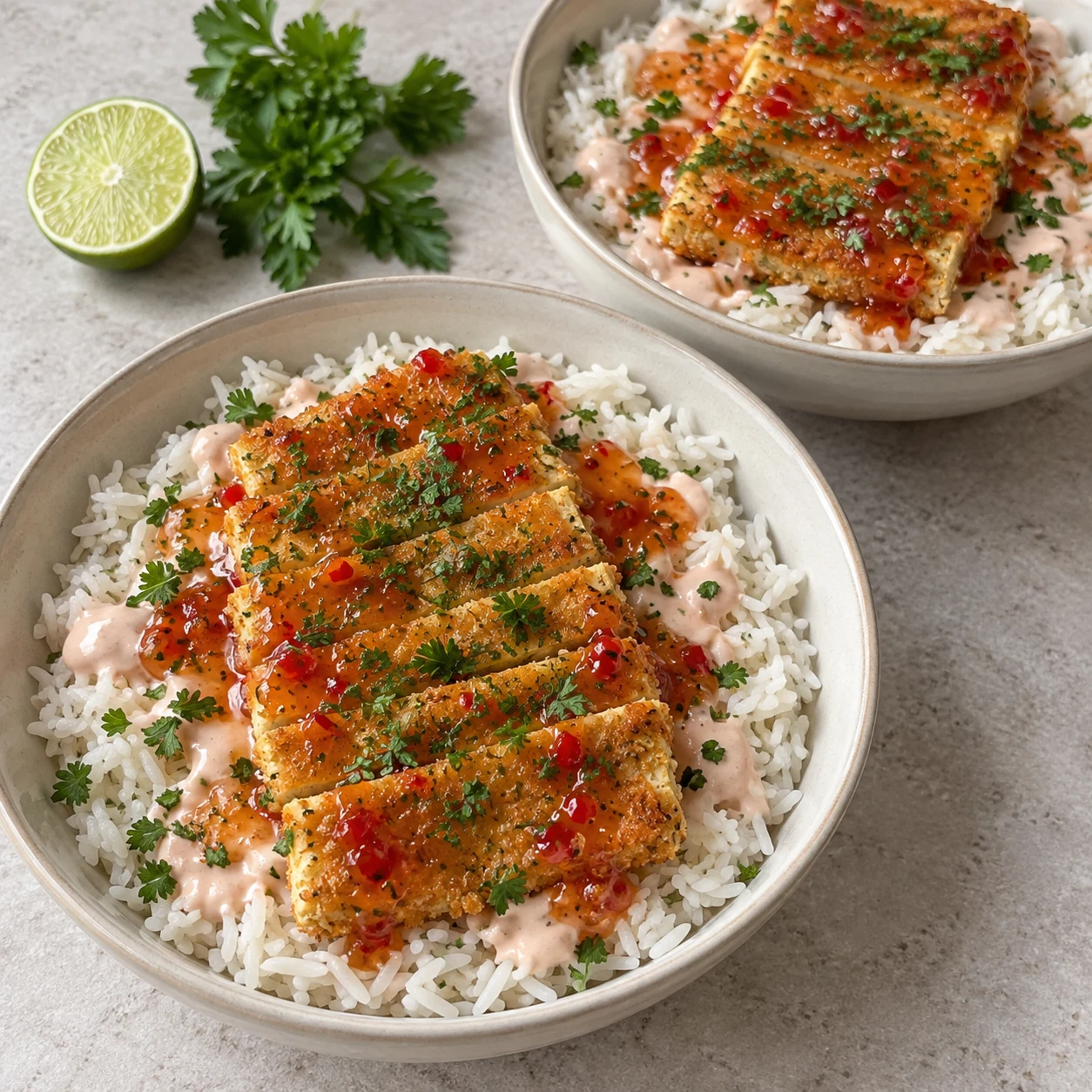 Bol complet de riz jasmin blanc, crème rosée, tofu pané doré tranché, sauce sweet chili brillante et persil.