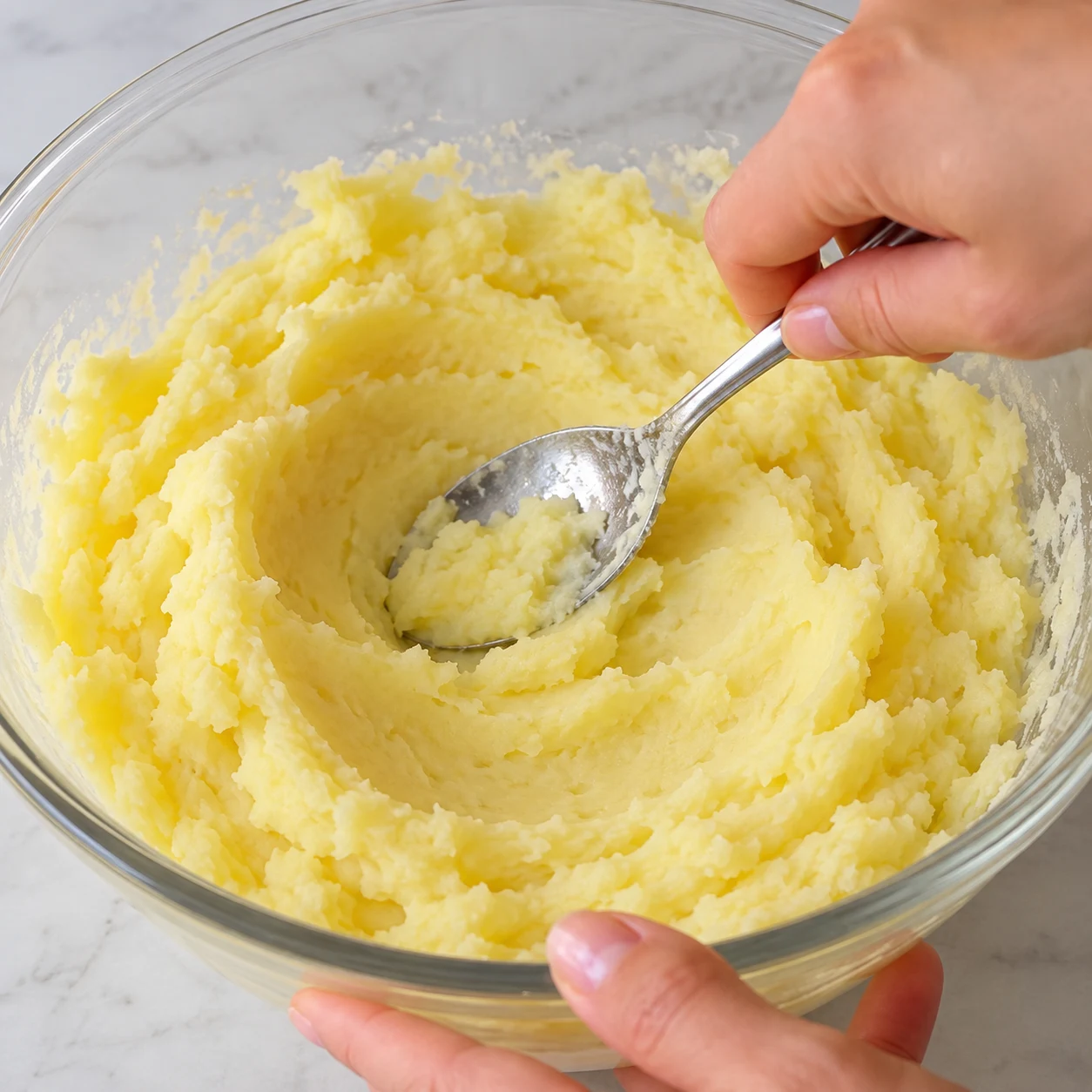 Écrase les pommes de terre cuites en purée. Montrer le geste et l’état attendu : La purée ne contient plus de gros morceaux.