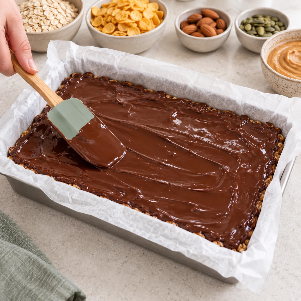 Couvrir de chocolat. Le dessus de la plaque porte une couche de chocolat répartie jusqu’aux bords.