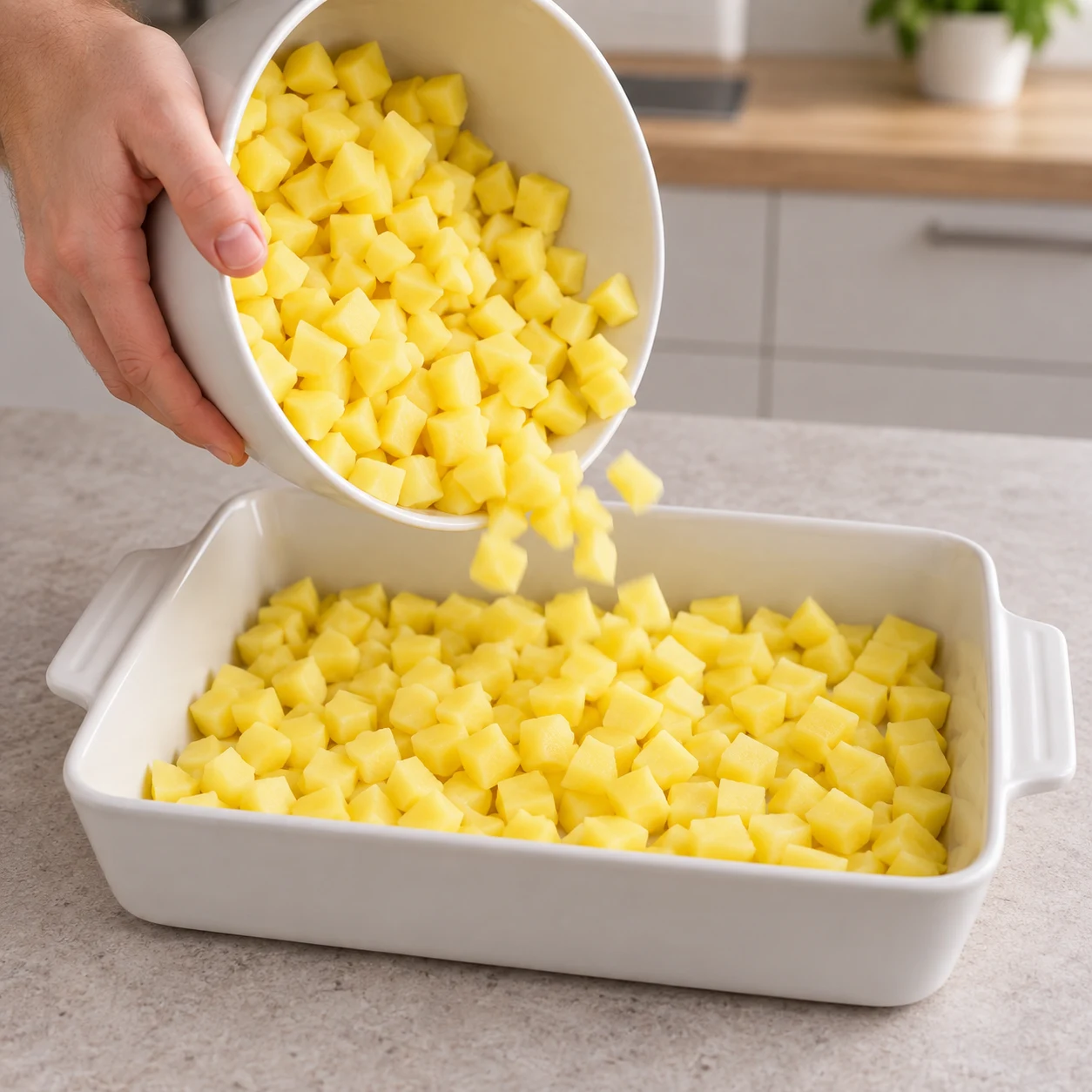 Mettre les pommes de terre dans le plat : Les dés sont répartis au fond du plat. Ingrédients visibles exclusivement : Pommes de terre.