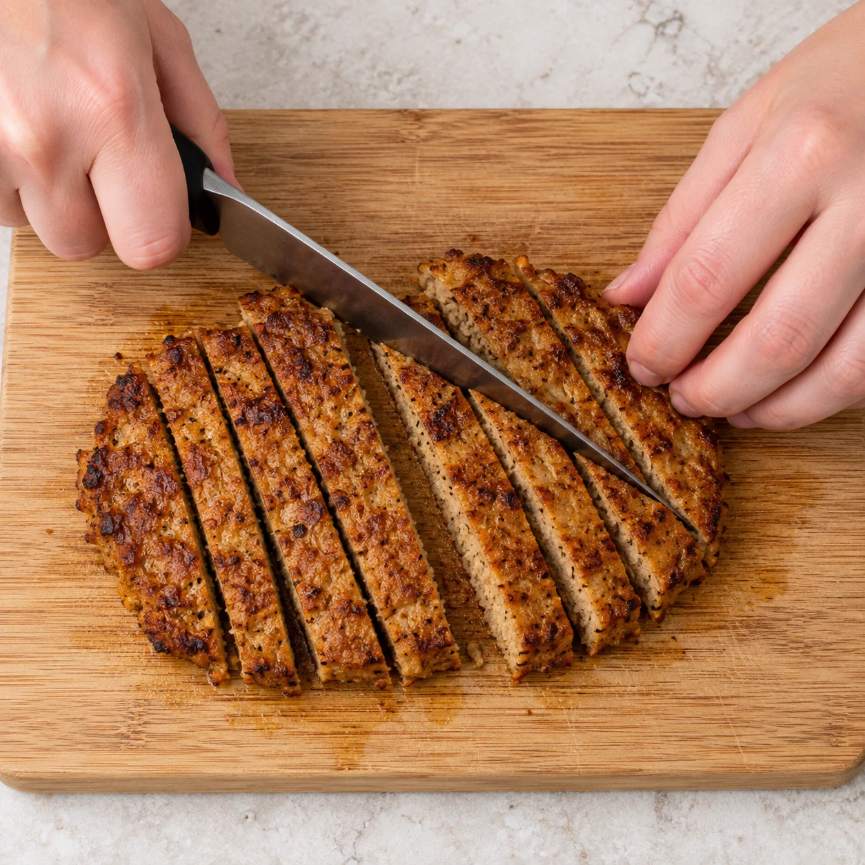 Des mains anonymes coupent un steak végétal de pois et fèveroles grillé au paprika en lamelles, sur une planche stable. Extérieur brun doré, intérieur homogène beige brun ; aucune chair de poulet ni tofu.