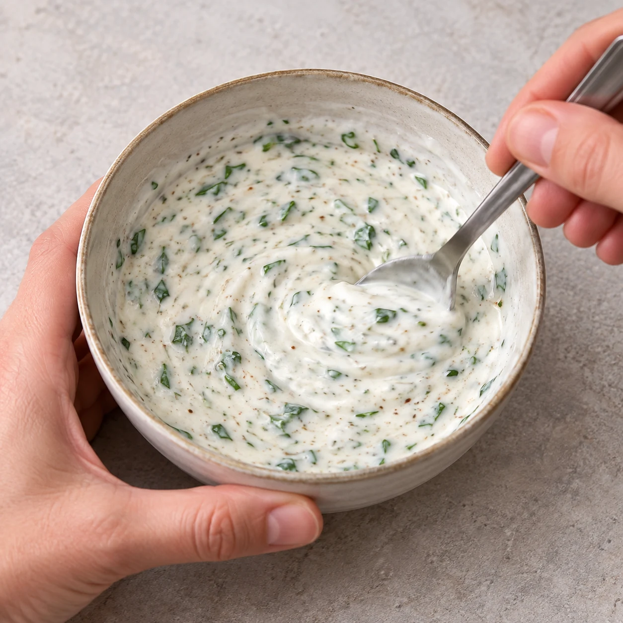 Mélanger la sauce végétale. La sauce est homogène et les herbes sont réparties dans le yaourt.