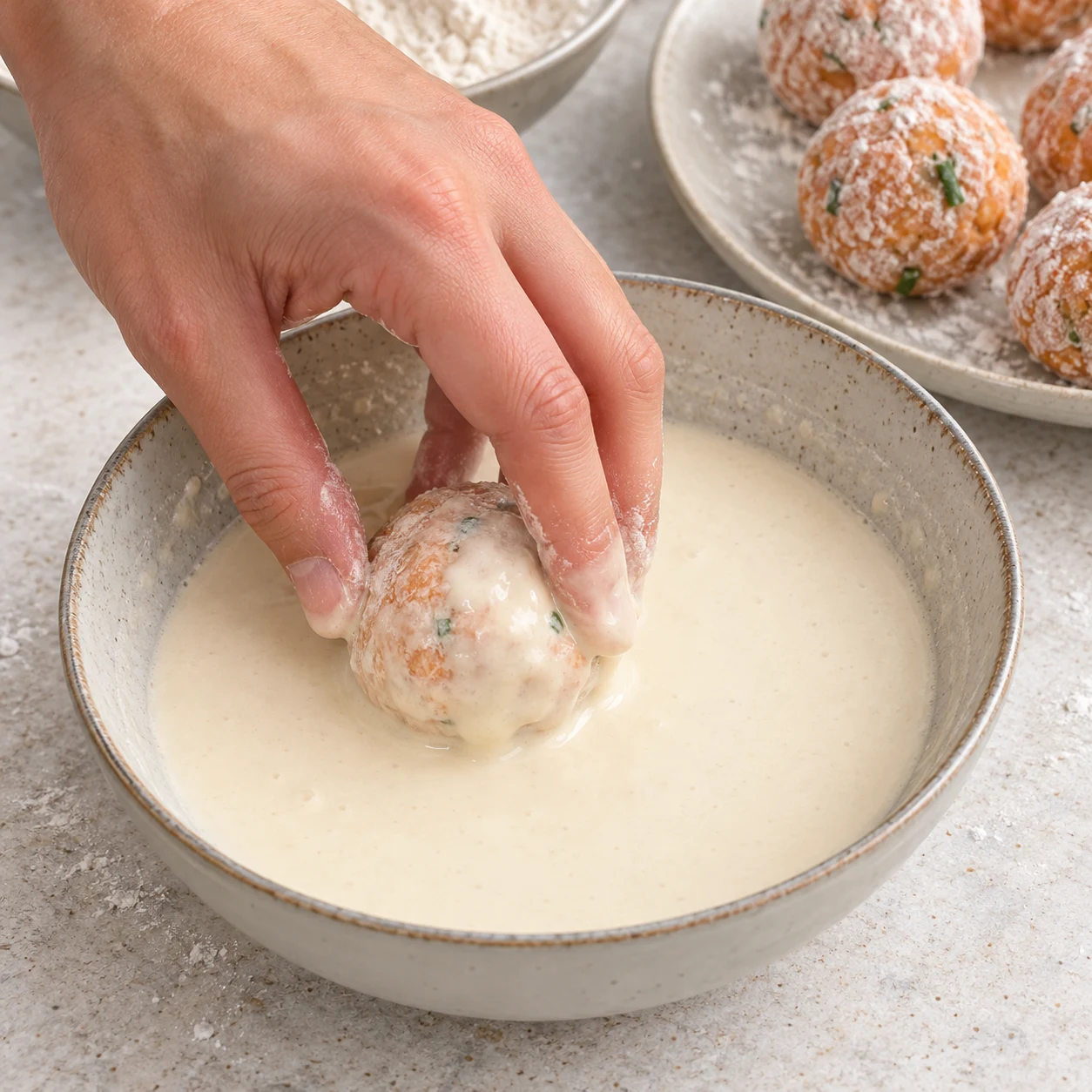 Une photographie carrée de cette seule action : Passe les boules farinées dans le mélange d’eau, de farine et de sel. Résultat attendu : Le bain de panure adhère à toute la surface des boules. Seulement les ingrédients de cette étape. Aucun ingrédient futur ni garniture ajoutée, aucun texte ni personne identifiable. Mains adultes anonymes seulement pour le geste. Le cœur adapté est crémeux légèrement jaune, sans persillage bleu.