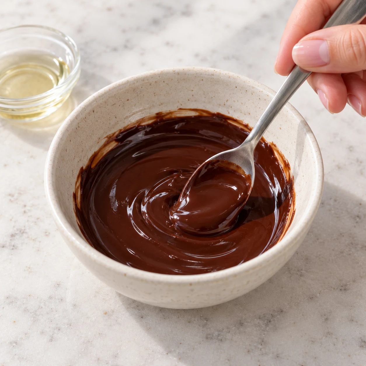 Dans un bol compatible avec le micro-ondes, faites fondre les 30 g de chocolat noir avec une petite cuillère d’huile de tournesol pendant environ 30 secondes, puis remuez jusqu’à une texture lisse. Montrer seulement cette phase de la variante à l’avoine, sans graines ni poudre, un récipient transparent à poignée sur pierre pâle, sans texte ni personne identifiable.