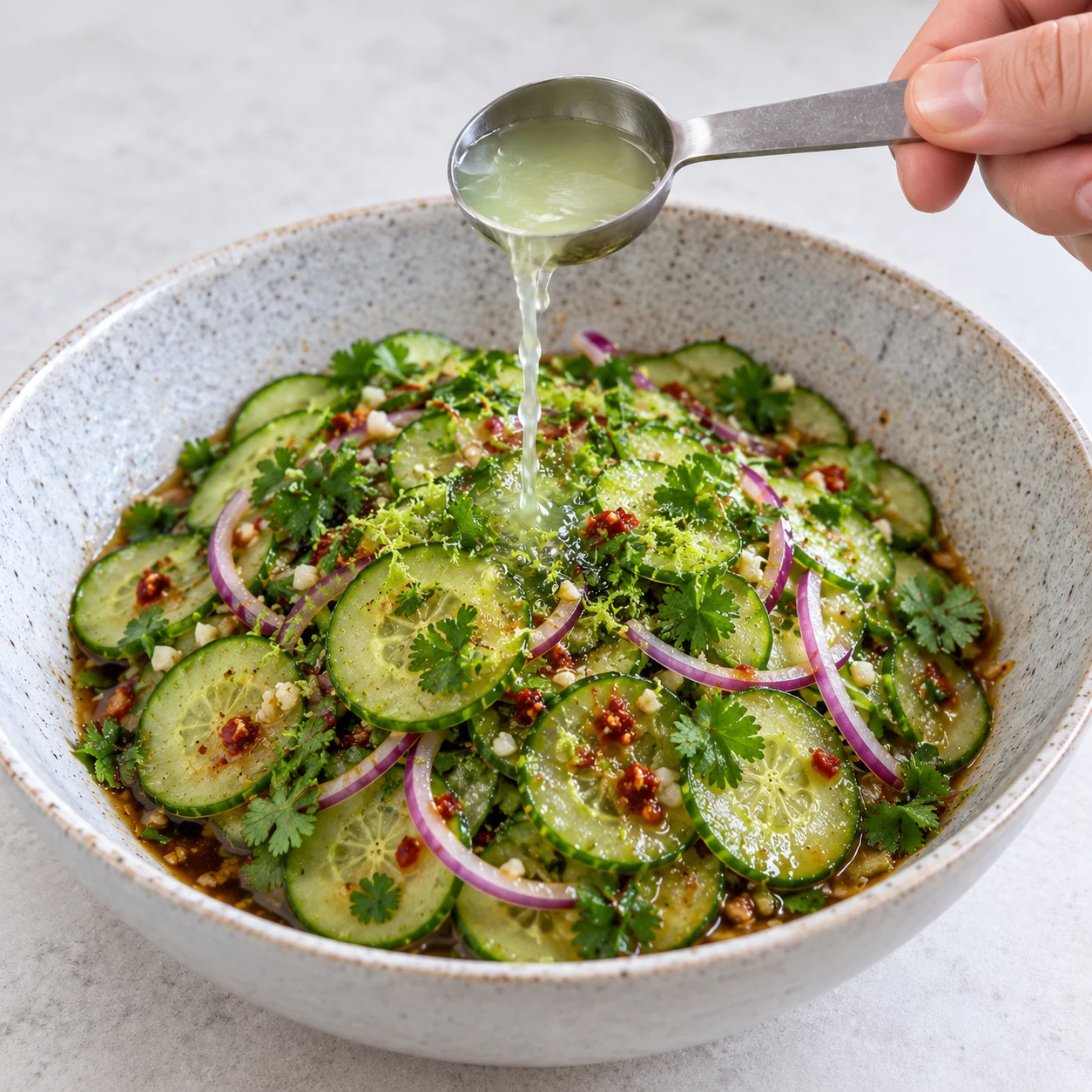Ajout de jus de citron vert au-dessus de la salade croquante.