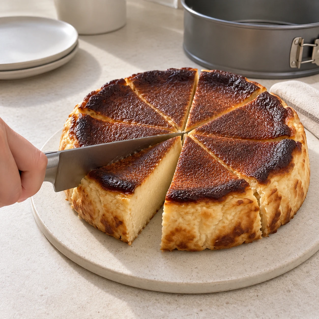 Un couteau découpe une part dans le cheesecake basque sans biscuit ; dessus brun, intérieur clair crémeux.