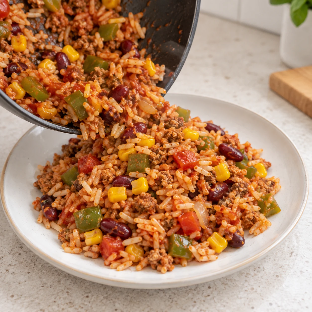 Riz mexicain servi chaud dans une assiette sans garniture ajoutée.