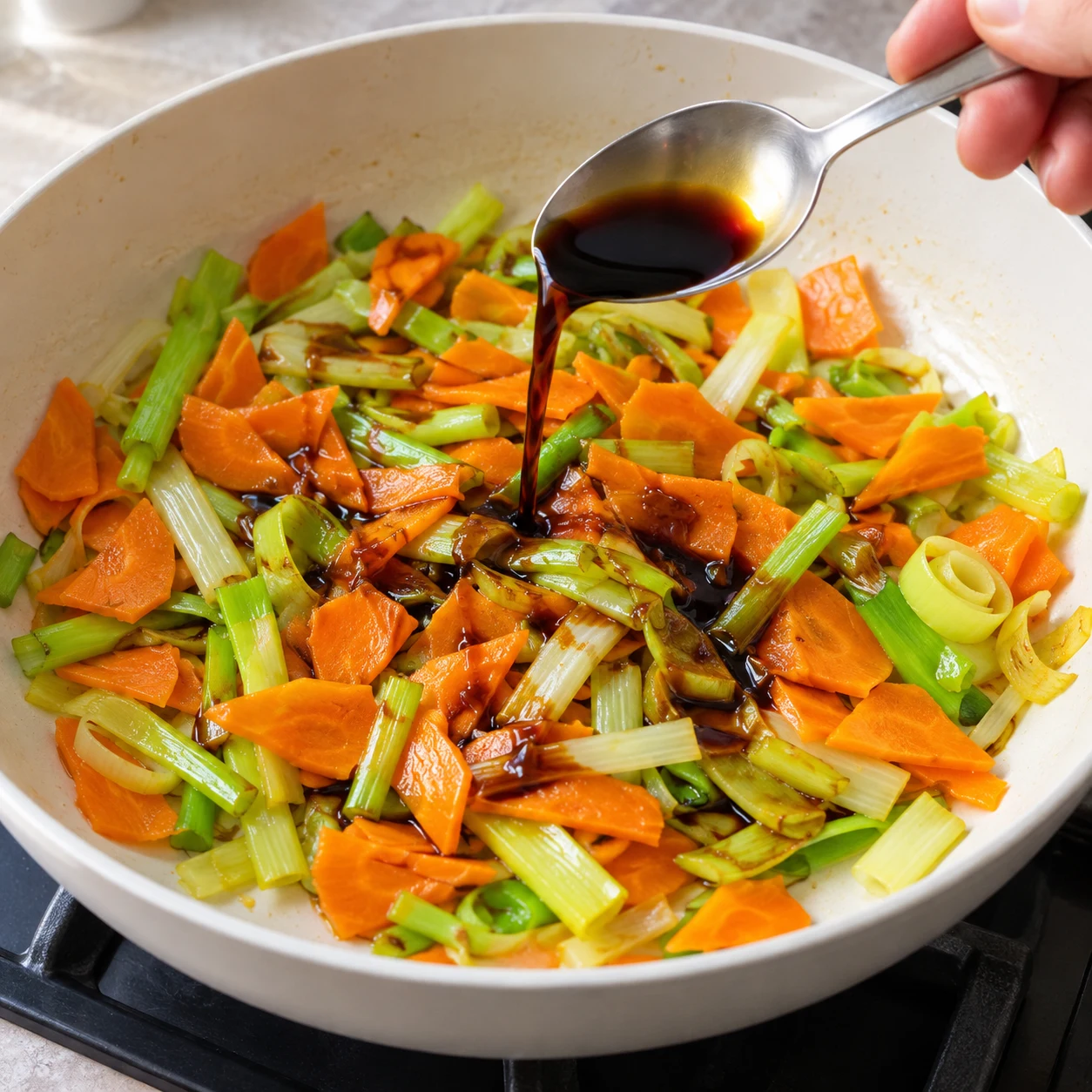 Ajouter la sauce soja. La sauce soja est répartie parmi les légumes.