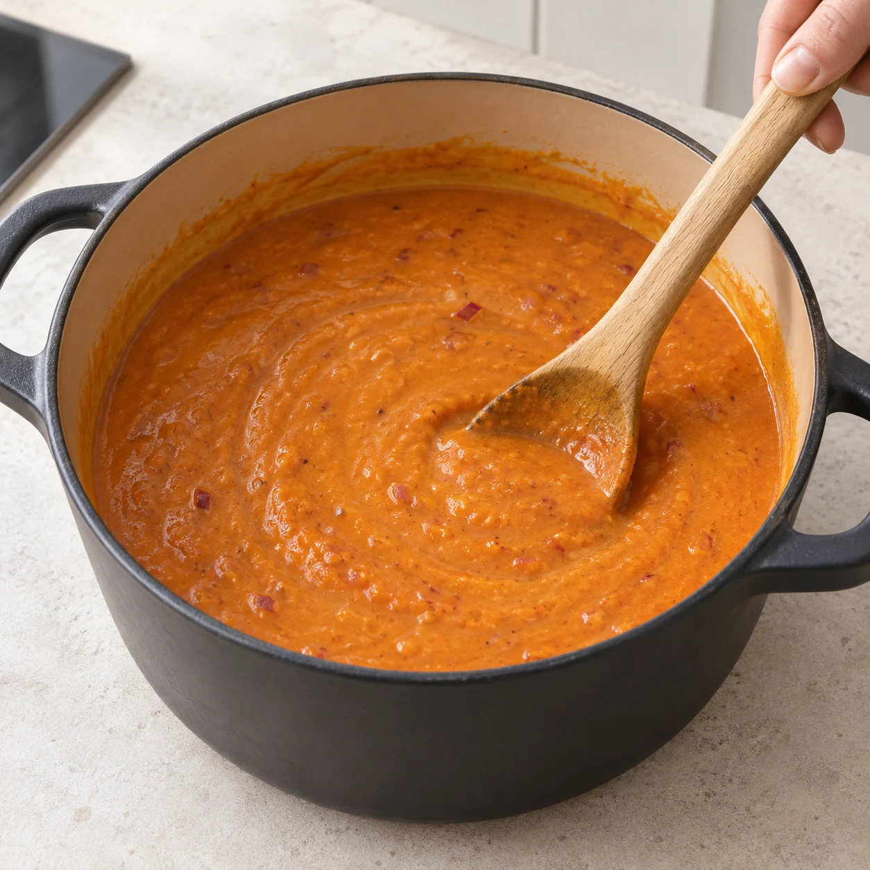 Coulis rouge versé puis mélangé à une sauce jaune orangé dans un fait-tout, aucune lentille.