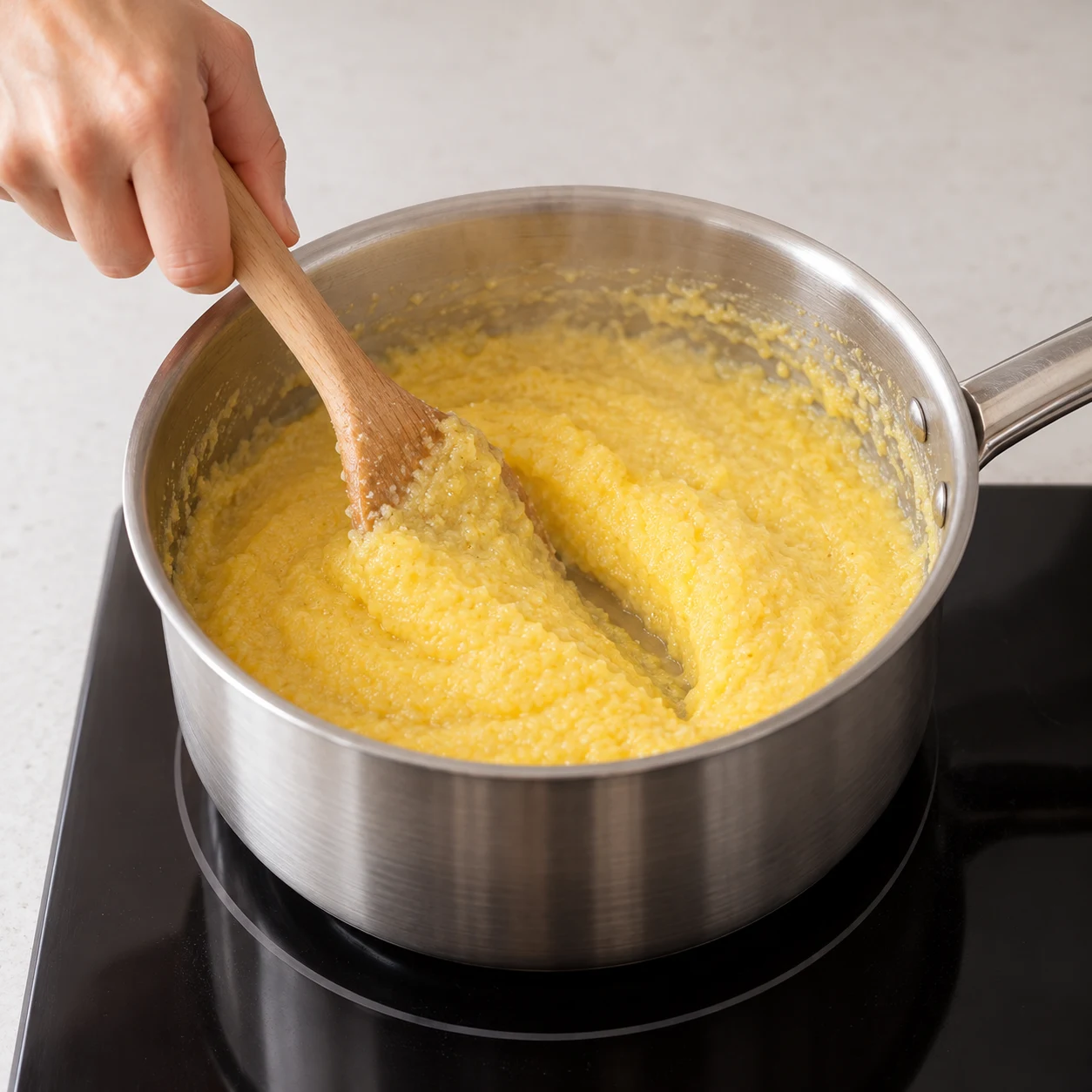 Une main adulte anonyme remue une polenta jaune épaisse dans une casserole.