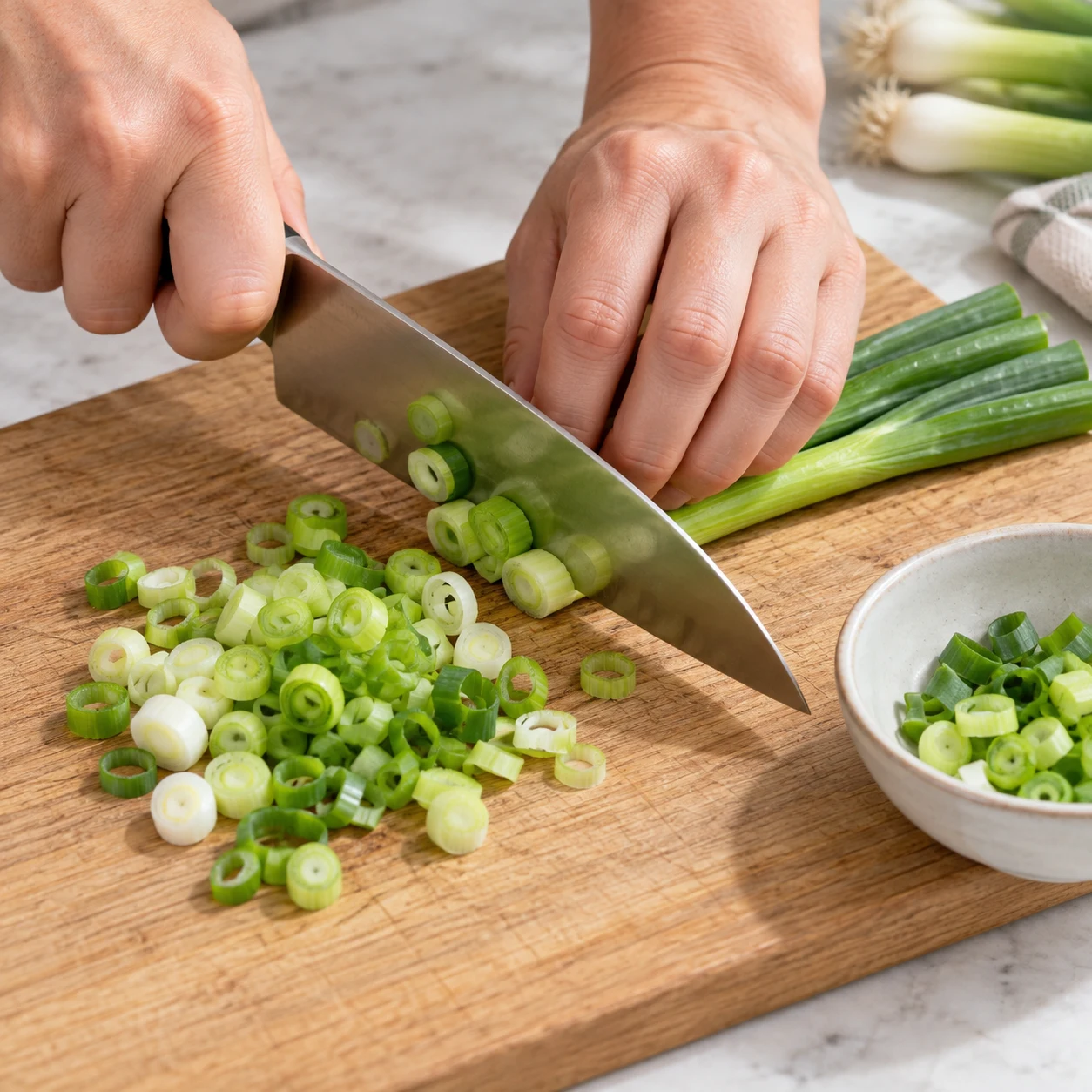 Couper des rondelles vert clair et vert foncé de cive sur une planche stable.
