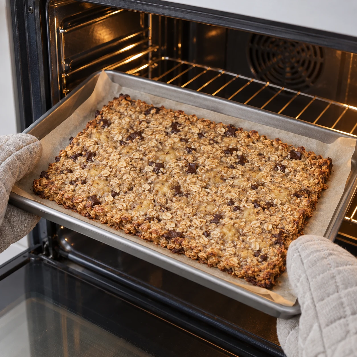 Enfourne la plaque à 180 °C pour 20 minutes. Utilise des maniques pour manipuler la plaque chaude. État attendu : Le rectangle tient ensemble et ses bords sont dorés, comme dans la recette d’origine après cuisson.