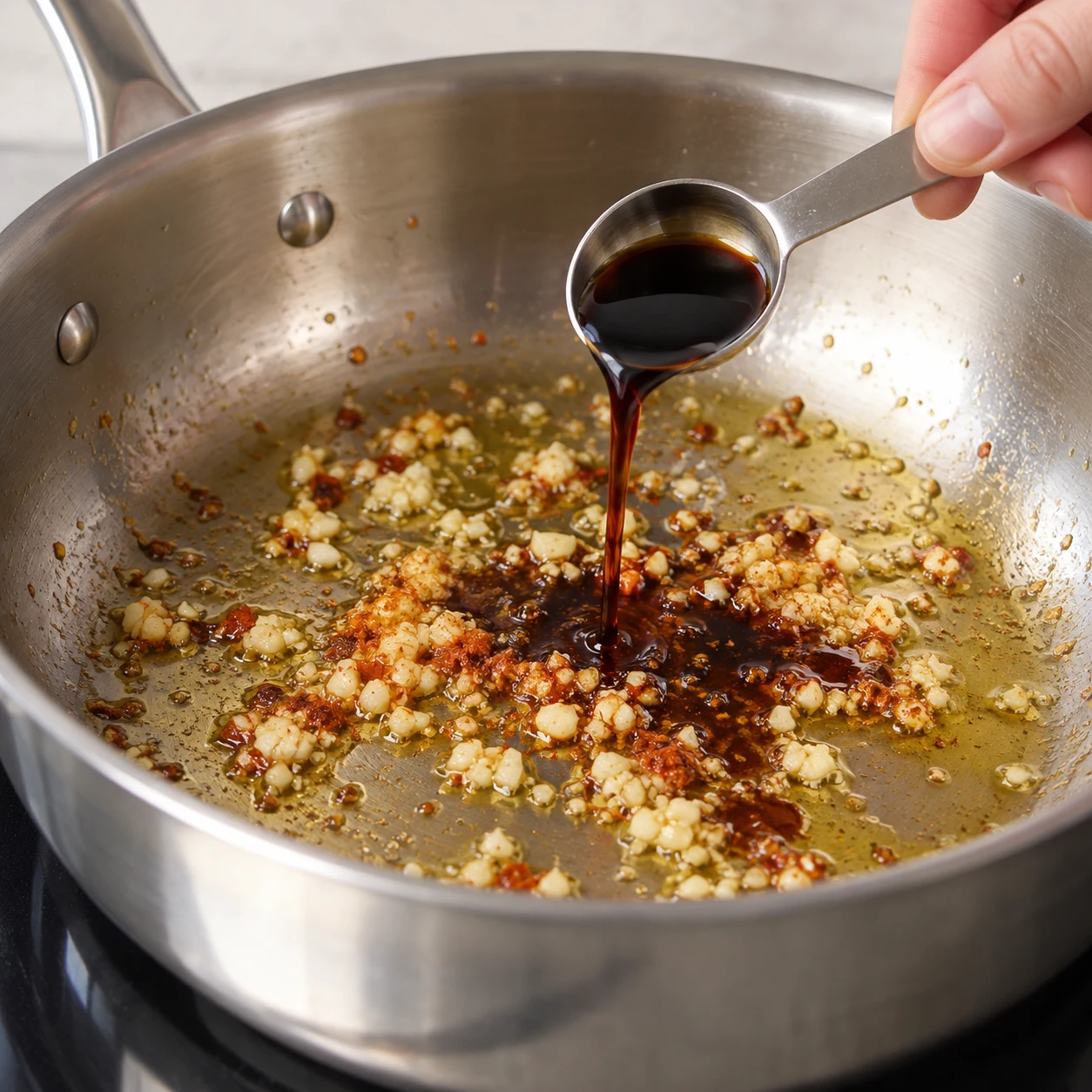 Petite cuillère de sauce soja brune ajoutée à l’ail et aux piment moulu dans la poêle ; aucun poisson.