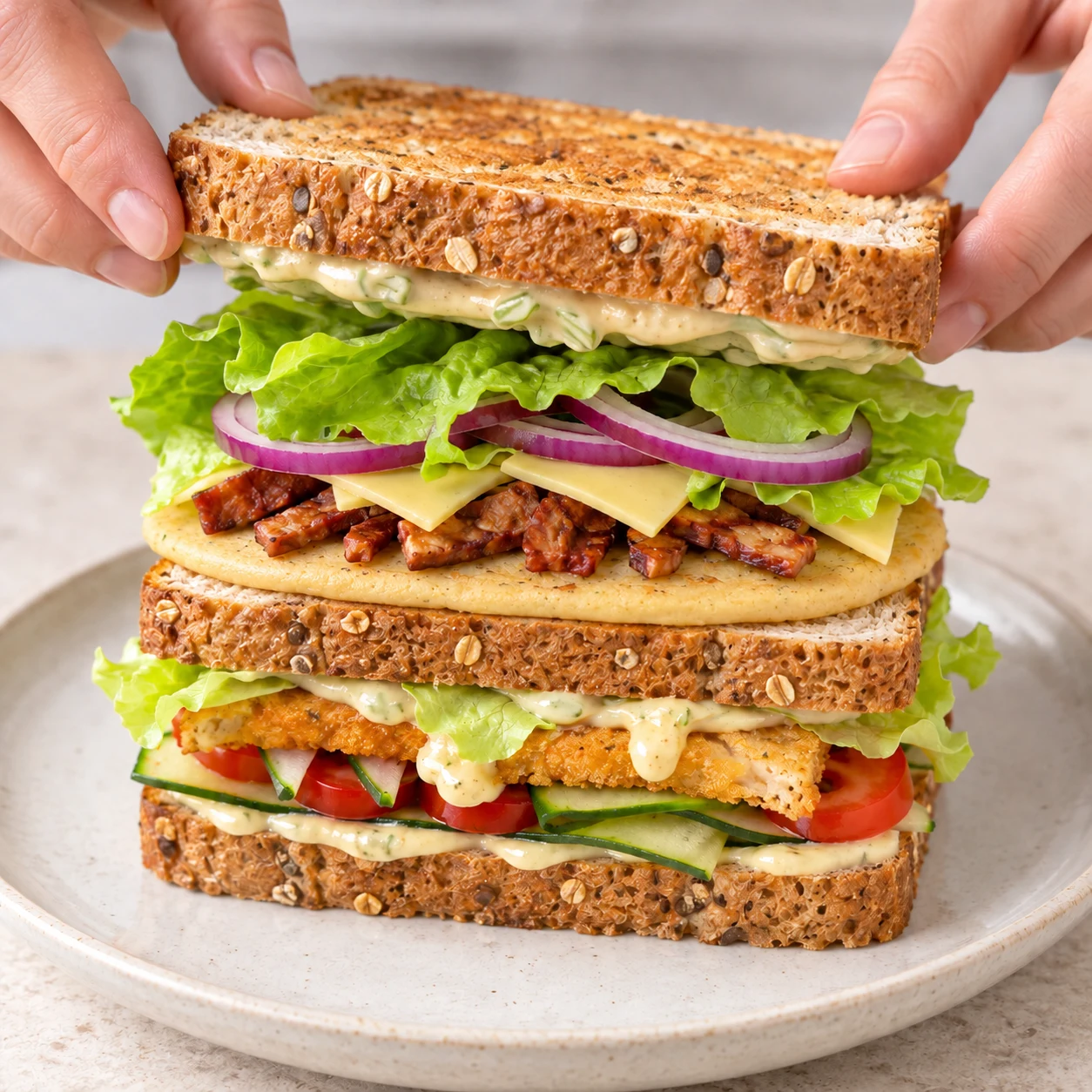 Fermeture d’un sandwich végétal haut à trois tranches aux céréales, deux étages, oignon rouge et laitue au-dessus des petits lardons végétaux fumés et de la fine galette de pois chiche.