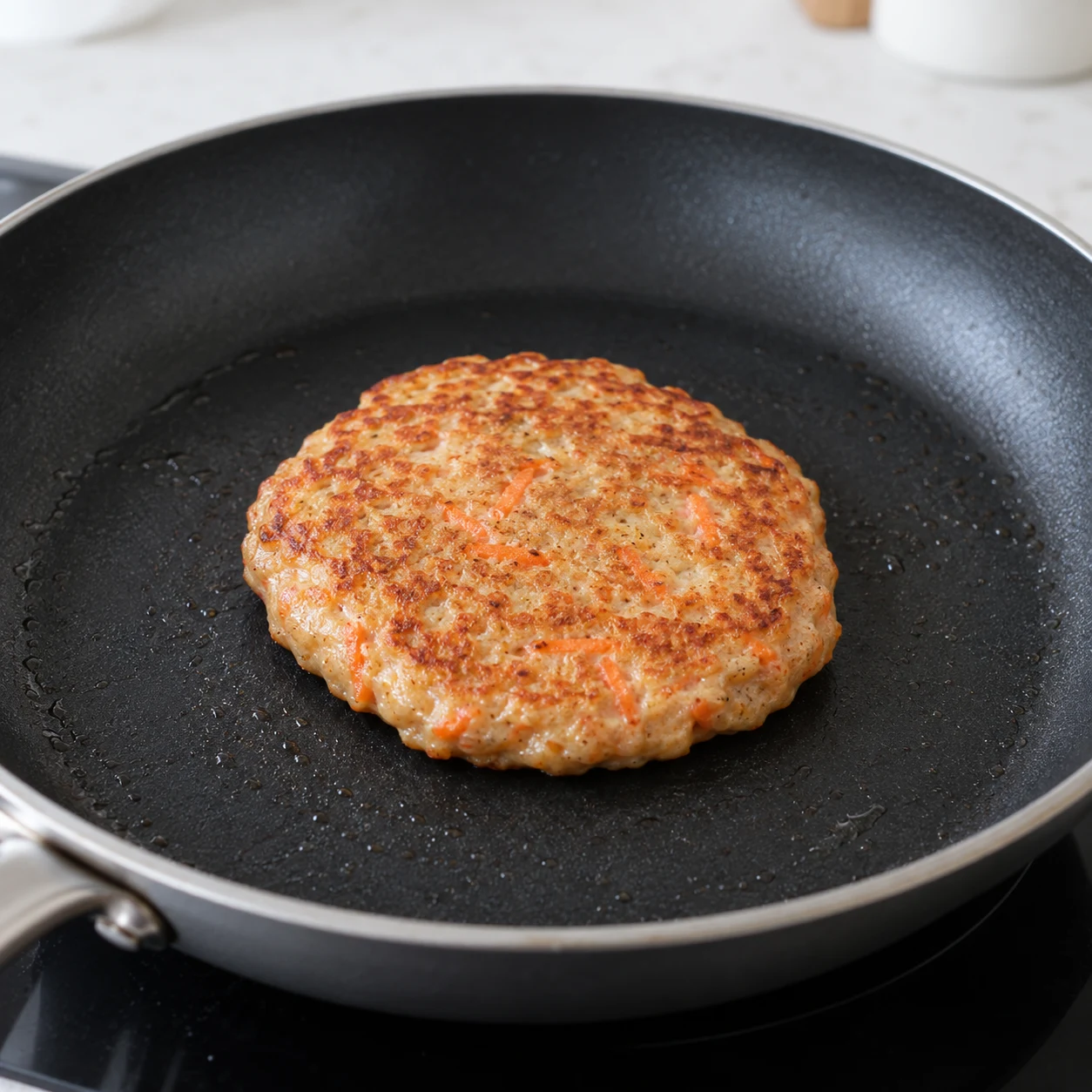 Pancake carotte doré première face vers le haut dans poêle noire, seconde face en cuisson. Aucun topping.