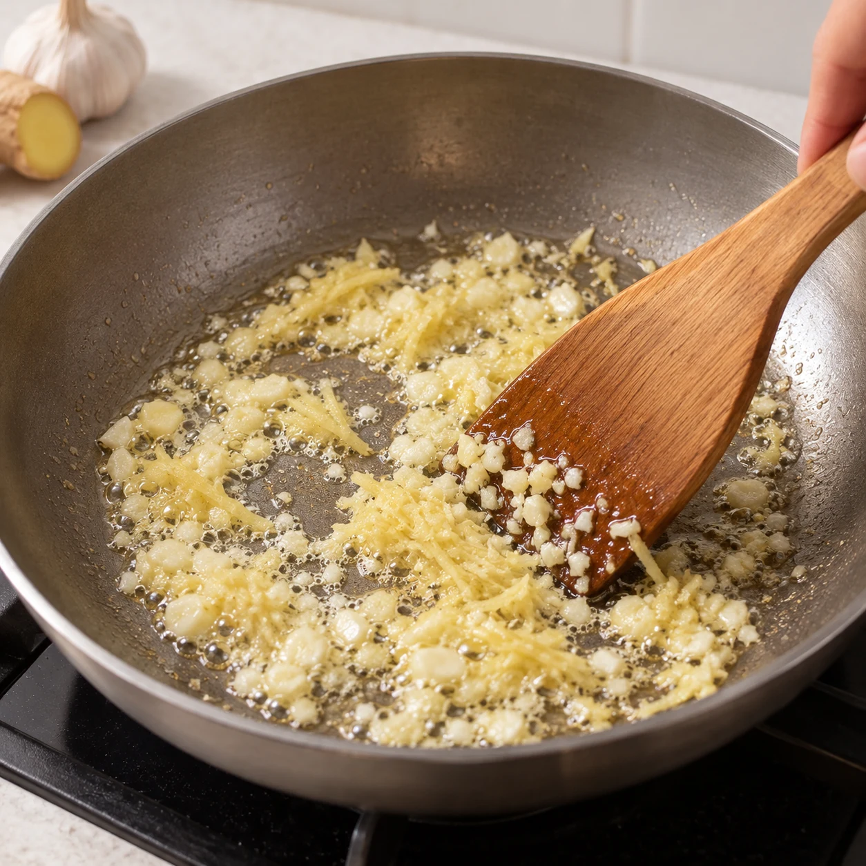Spatule remuant ail et gingembre dans l’huile claire, pas encore de sauce rouge.