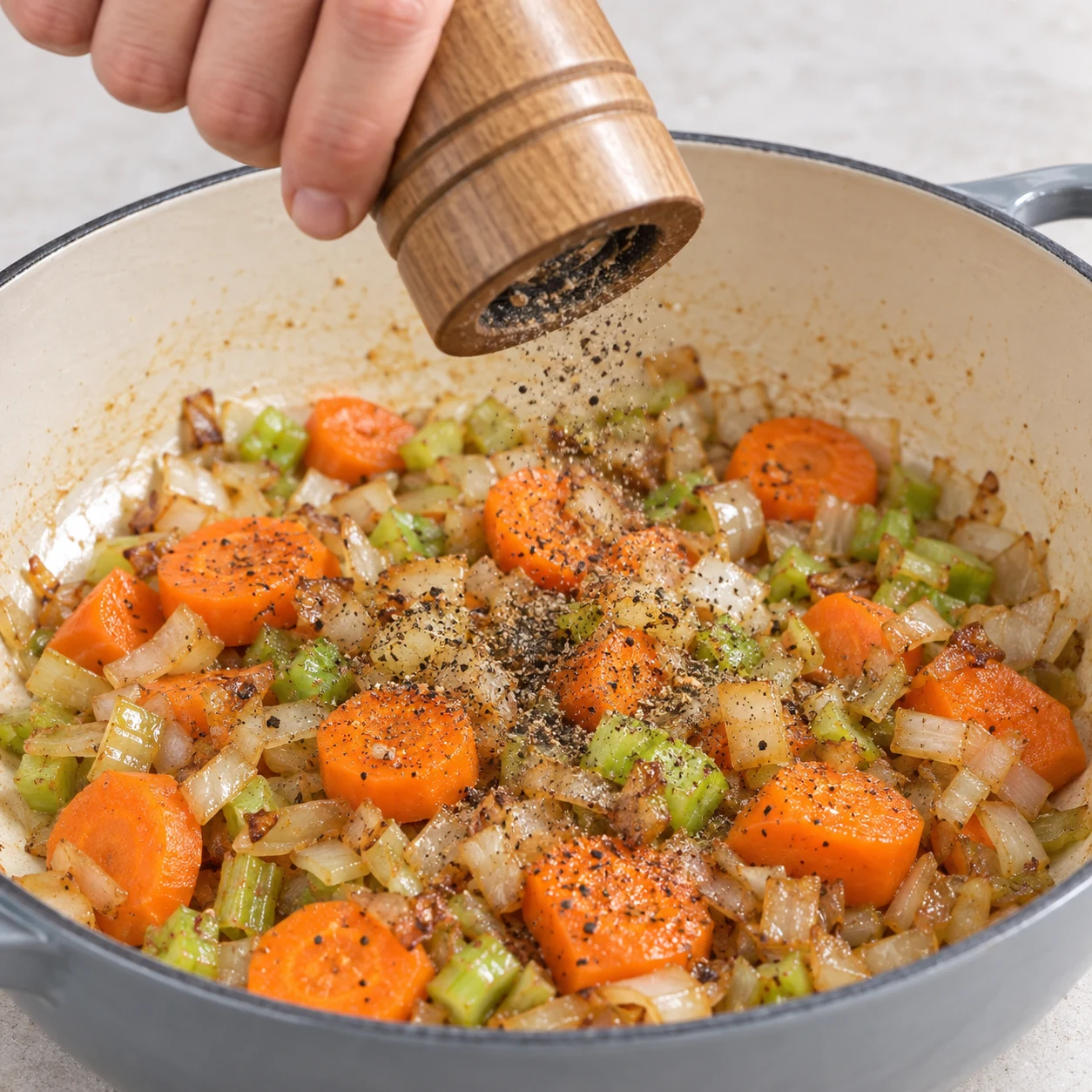 Poivre moulu parsemé sur les carottes, oignon et céleri.