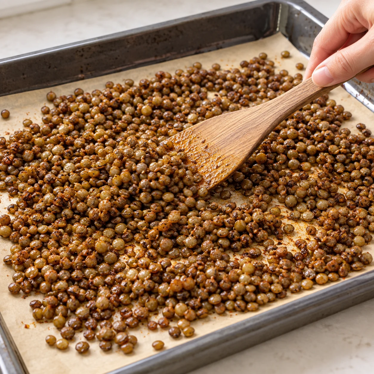 Main adulte anonyme avec spatule retournant les lentilles sur la plaque métallique chaude, protection thermique loin des aliments.