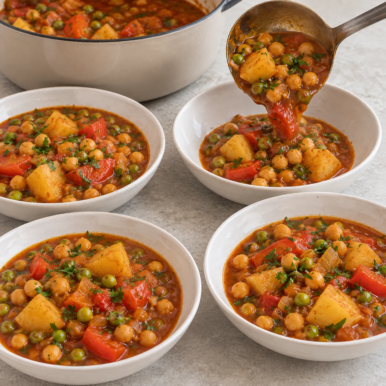 Une seule action : Servir le ragoût. Chaque assiette contient des pois chiches, des petits pois, des morceaux de pomme de terre et de la sauce. Version végétale aux pois chiches, aucune viande, aucun seitan, aucun tofu.