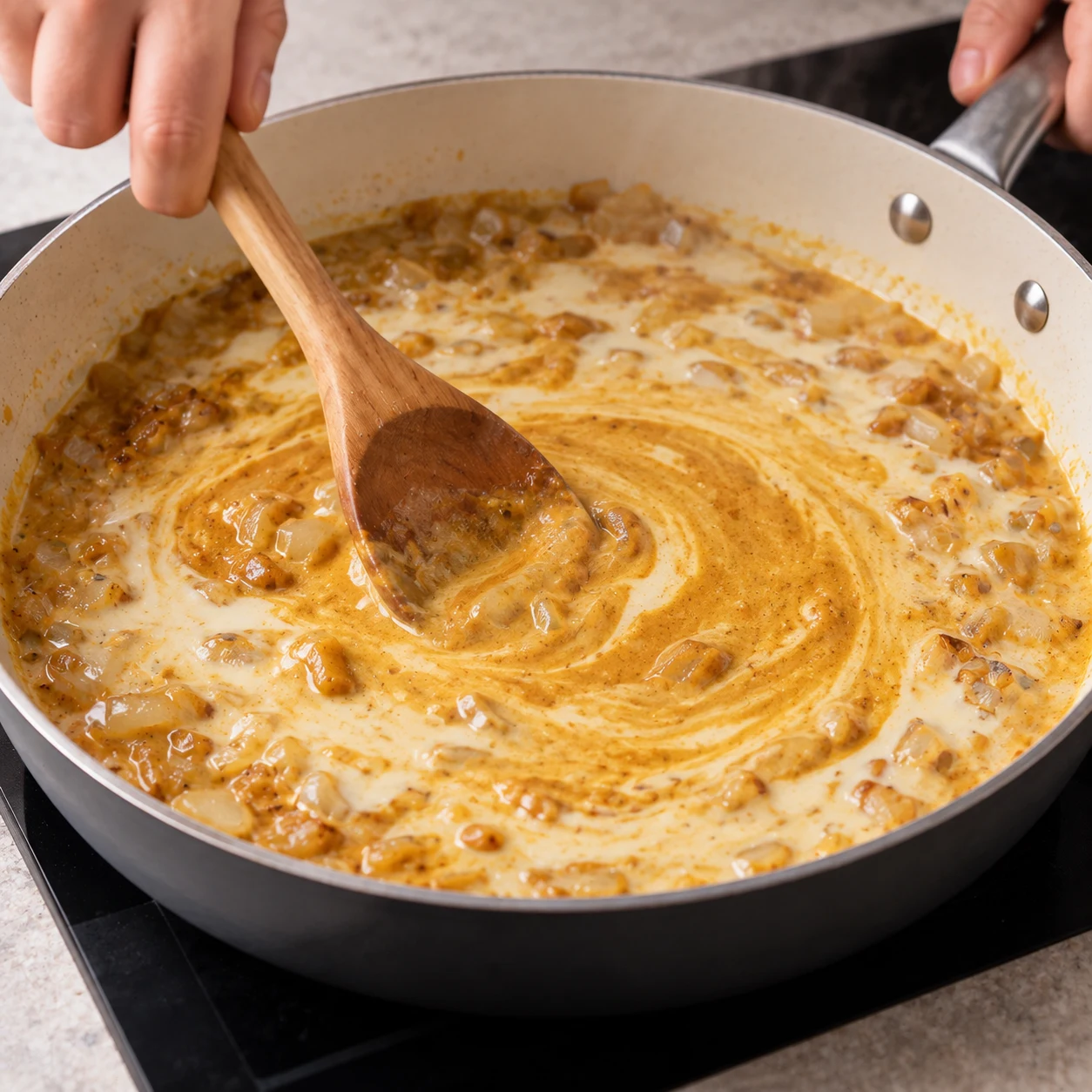 Pâte de curry doux souple délayée dans le lait de coco allégé sur oignons et soja ; aucun cube solide.