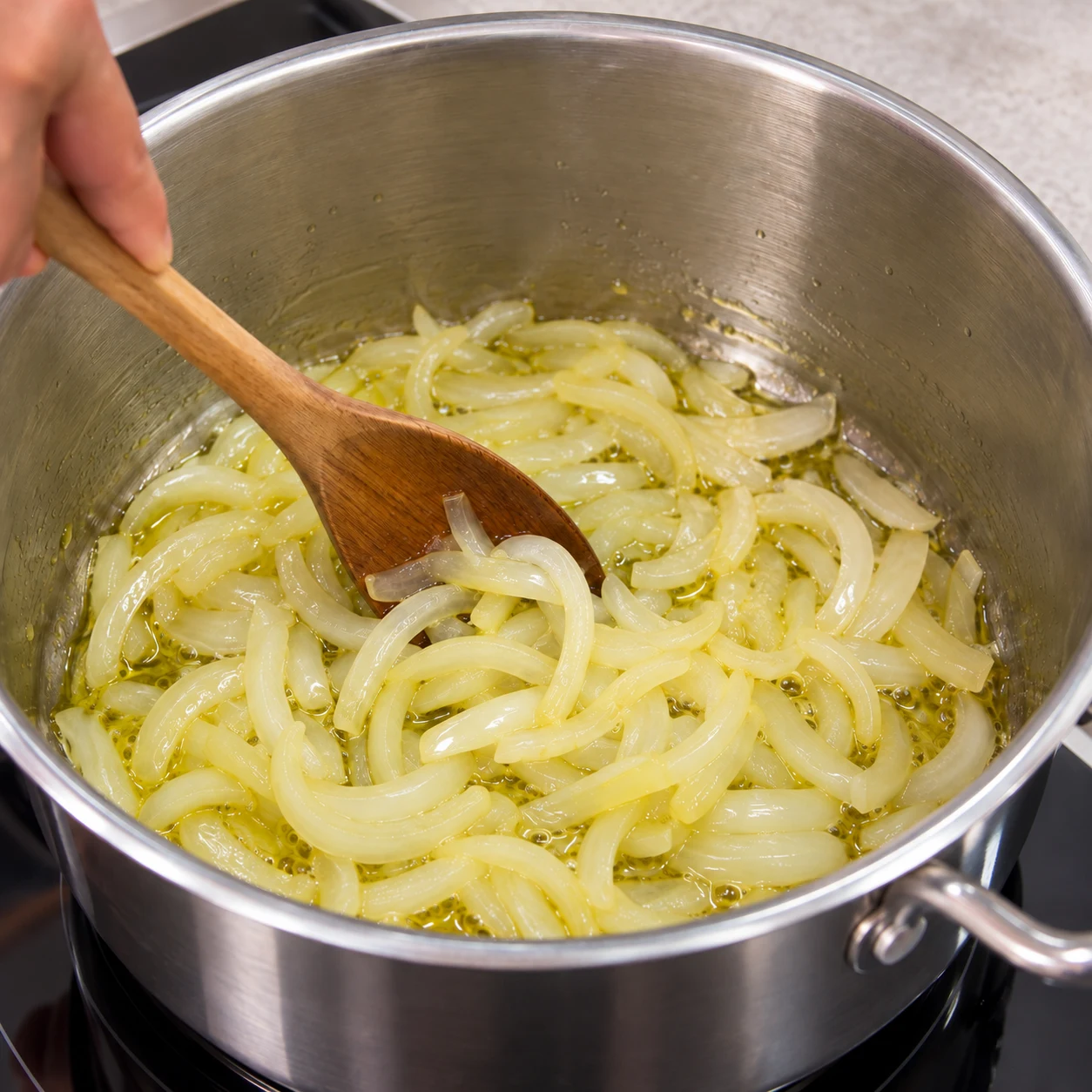 Photographie culinaire carrée de cette seule action : Faire revenir les oignons. Oignons assouplis et translucides, sans brunissement excessif. Aucun poulet ni produit animal.