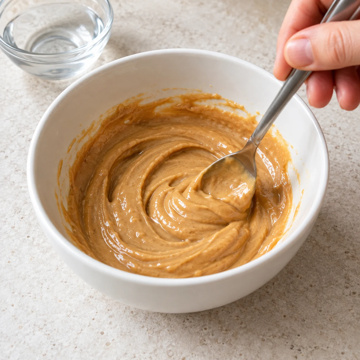 Cuillère mélangeant une pâte lisse de purée de cacahuète avec un peu d’eau dans un bol blanc.