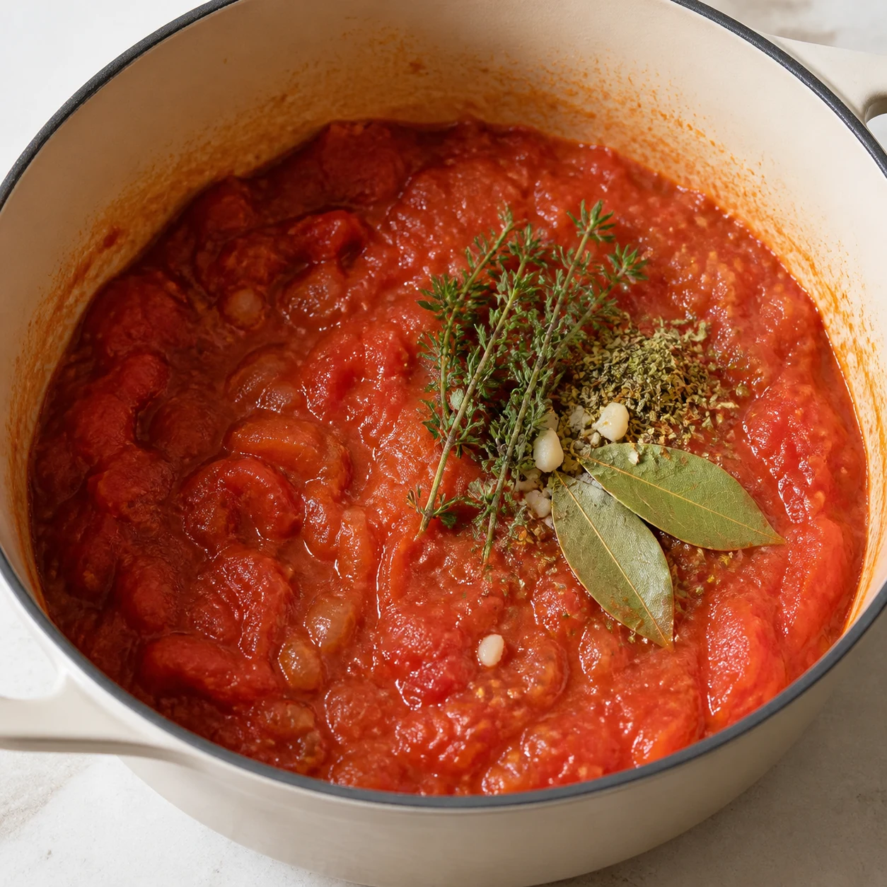 Tomates coupées qui mijotent dans une cocotte avec ail haché, thym, herbes de Provence et laurier, coulis rouge épais en formation.