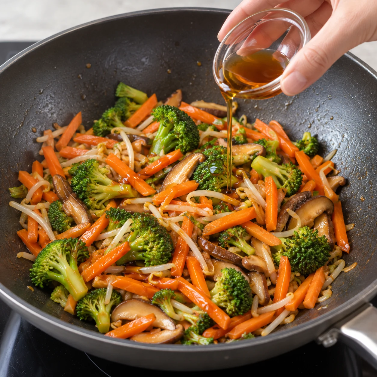 Un filet d’huile de sésame dans le wok de légumes en fin de cuisson.