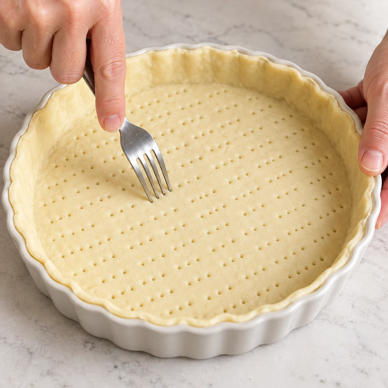 Une main anonyme pique une pâte brisée crue à la fourchette.