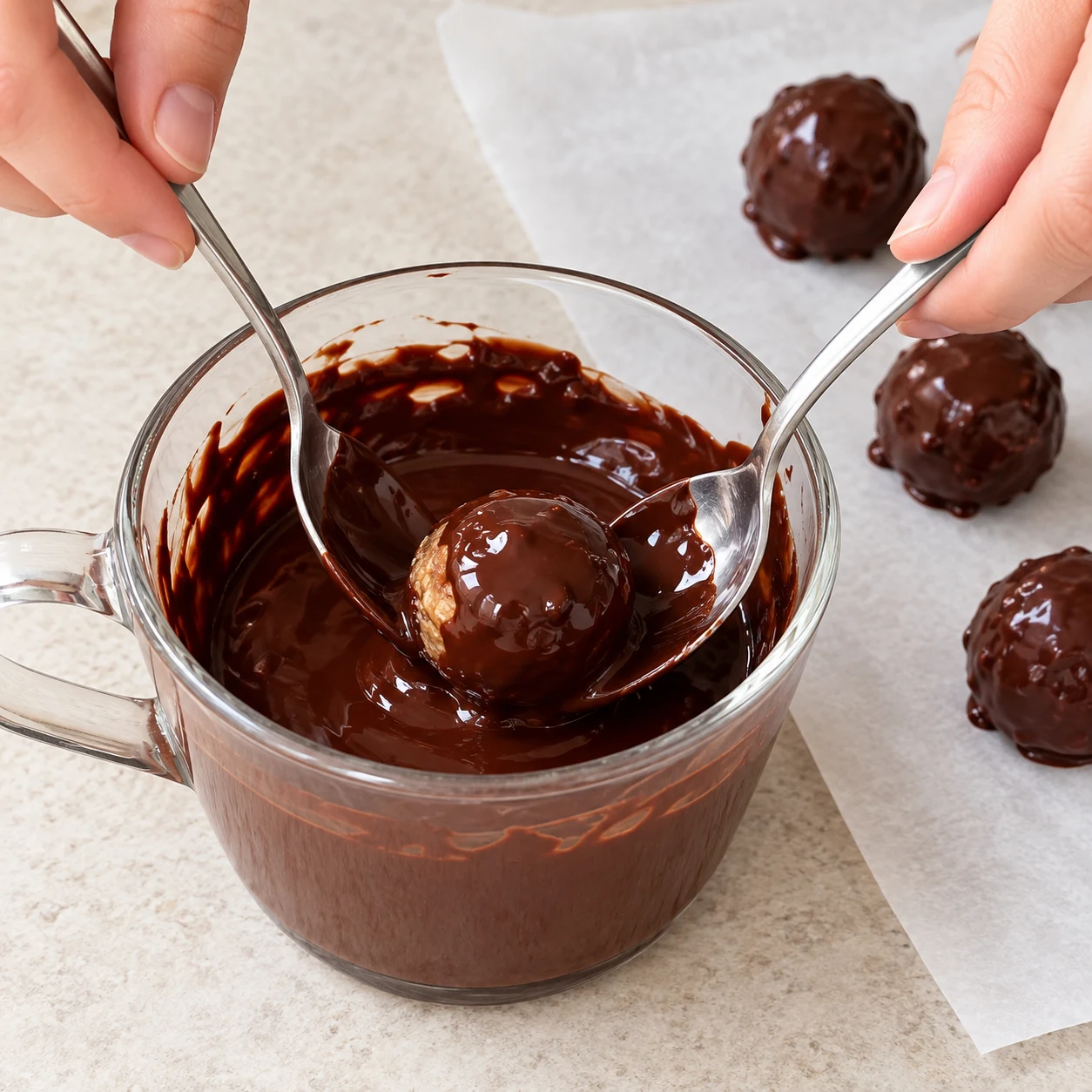 Deux cuillères à café enrobant une boule dans un bol de chocolat noir, papier cuisson à côté.