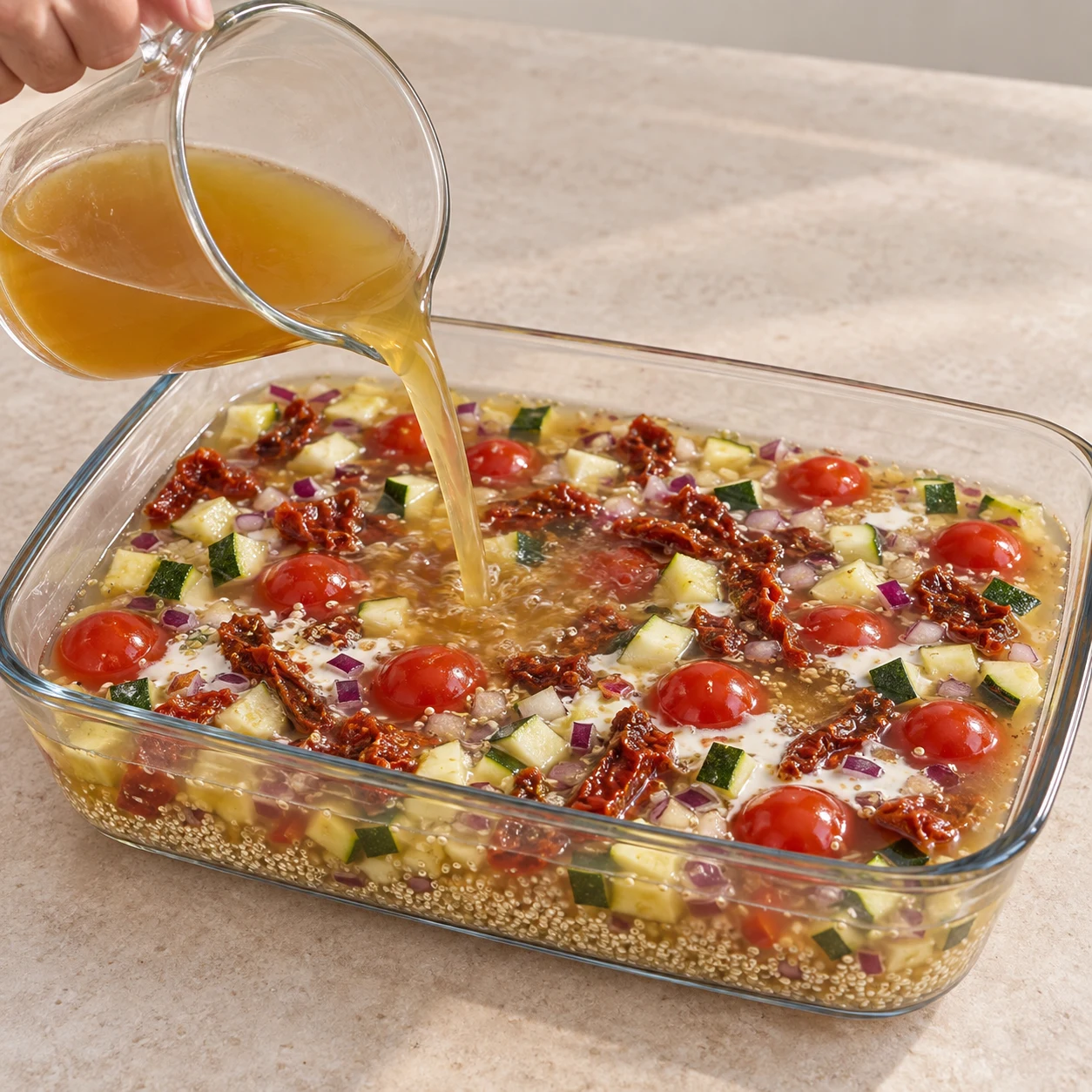 Bouillon liquide ambré versé dans le plat de quinoa et de légumes ; cube entièrement dissous au préalable.