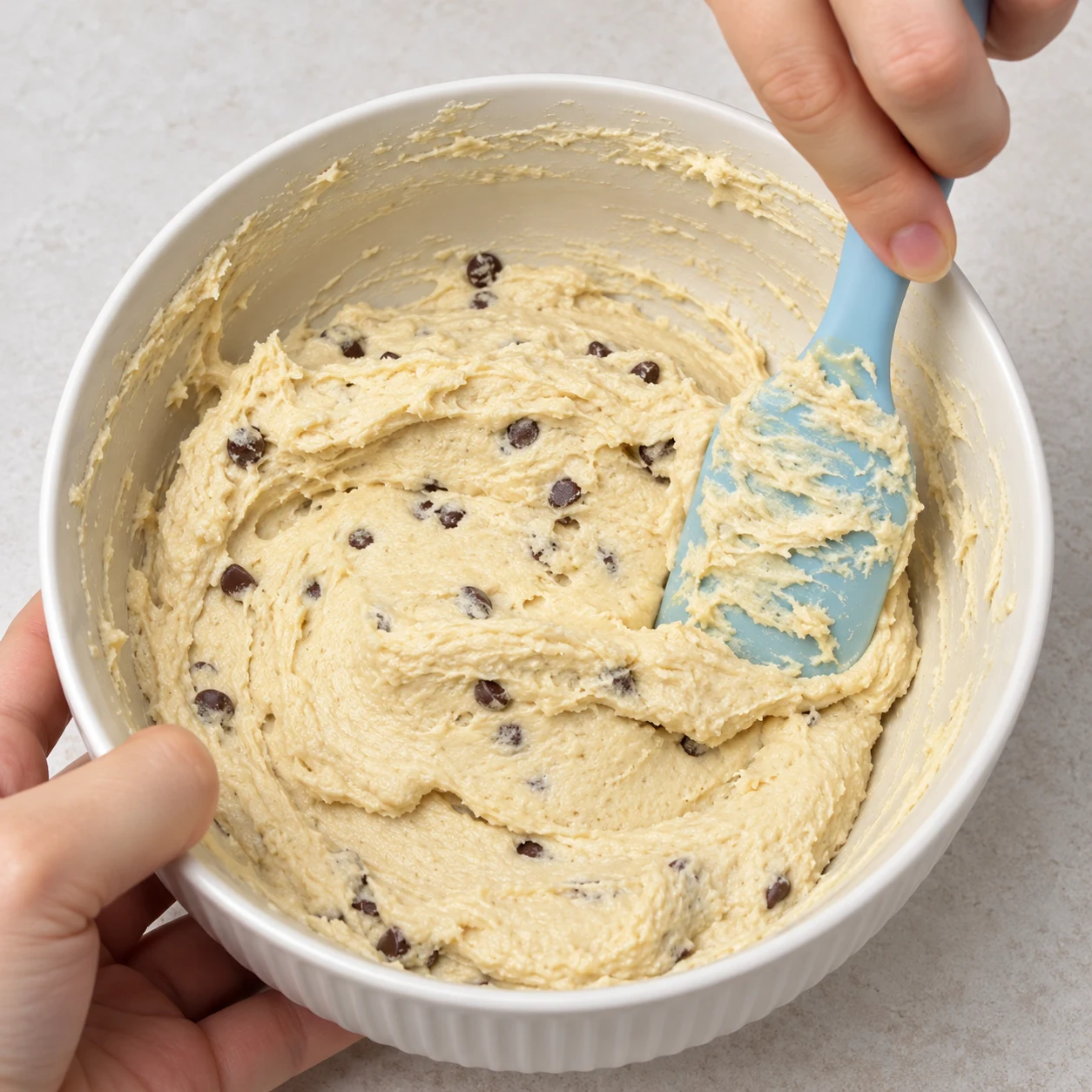 Spatule incorporant de petites pépites noires dans une pâte beige épaisse.