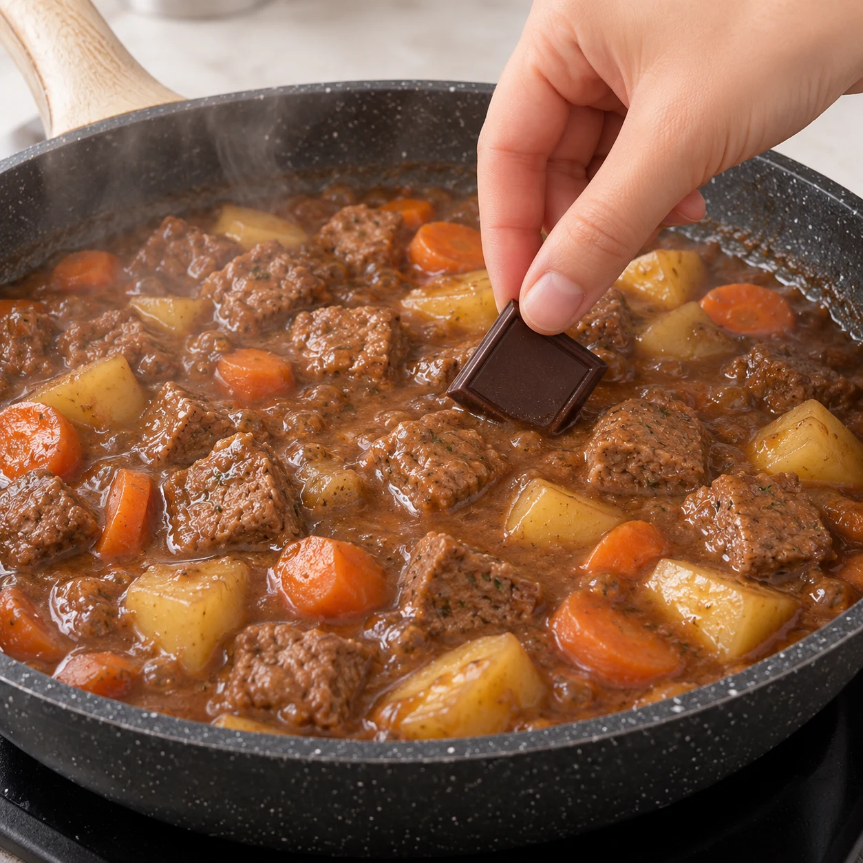 Carré de chocolat noir déposé à la main dans la sauteuse de bourguignon végétal fumant.