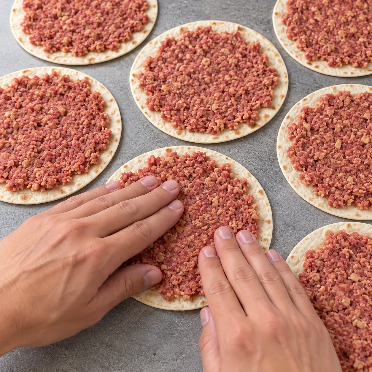 Mains pressant une couche de haché rosé sur une petite tortilla.