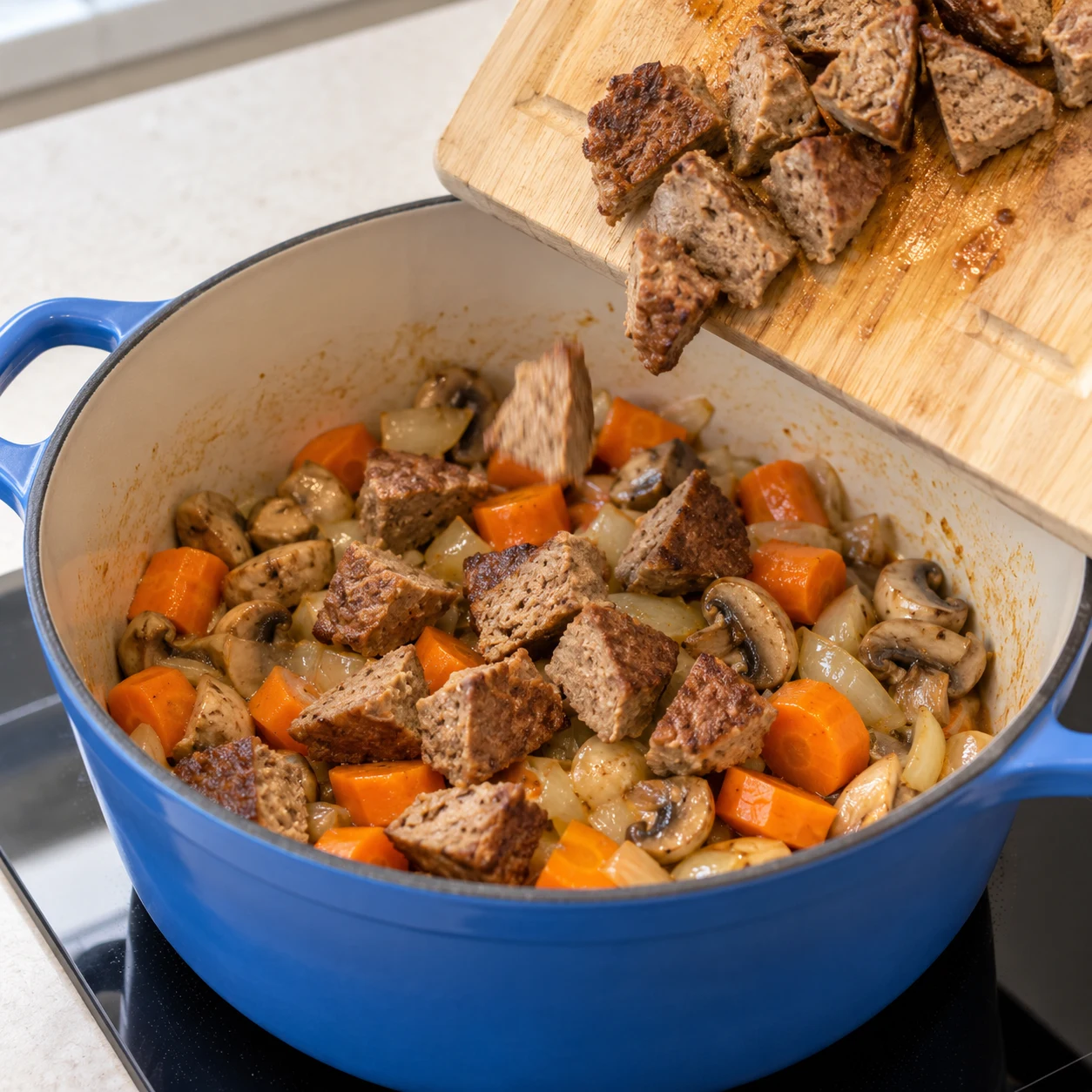 Cocotte en fonte bleue, morceaux de steak végétal brun glissés depuis une planche sur les carottes, champignons et oignons revenus.