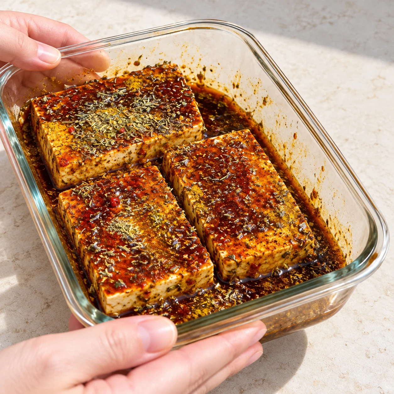 Tranches épaisses de tofu entièrement enduites de marinade rouge brun et herbes dans le récipient en verre.