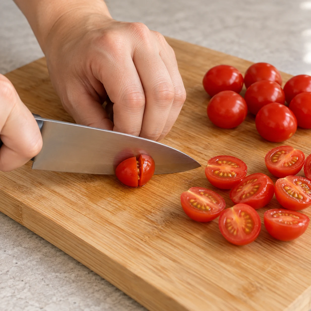 Une seule action : Couper les tomates cerise. Les tomates cerise sont coupées en deux. Planche stable, prise en griffe sûre, coupe en cours, lame et taille des morceaux lisibles. Aucun ingrédient futur.