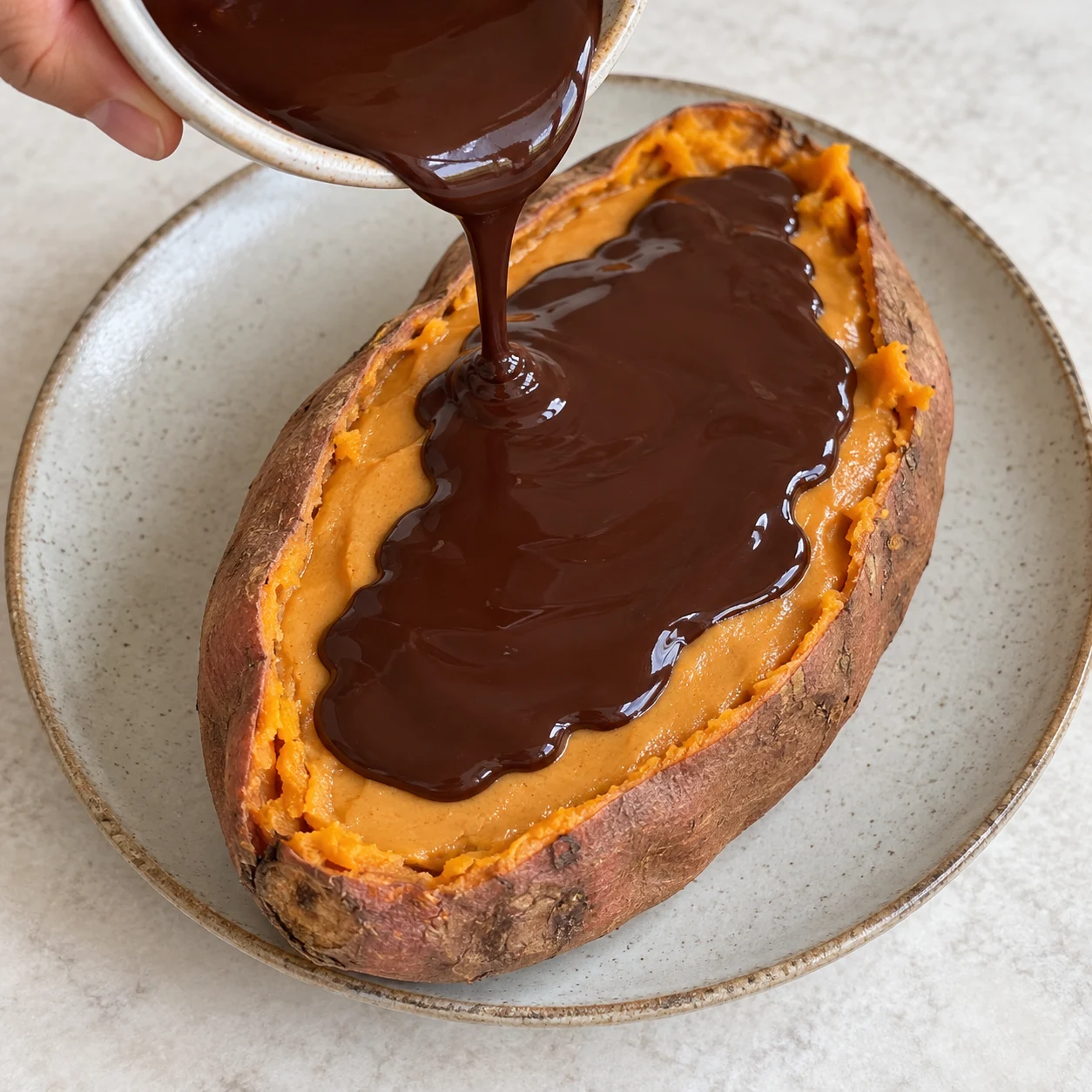 Verse le chocolat fondu sur la crème froide pour former une fine couverture. Montrer seulement les ingrédients déjà introduits dans cette étape, mains adultes anonymes si utiles, pierre pâle et lumière naturelle, aucune personne identifiable ni texte.