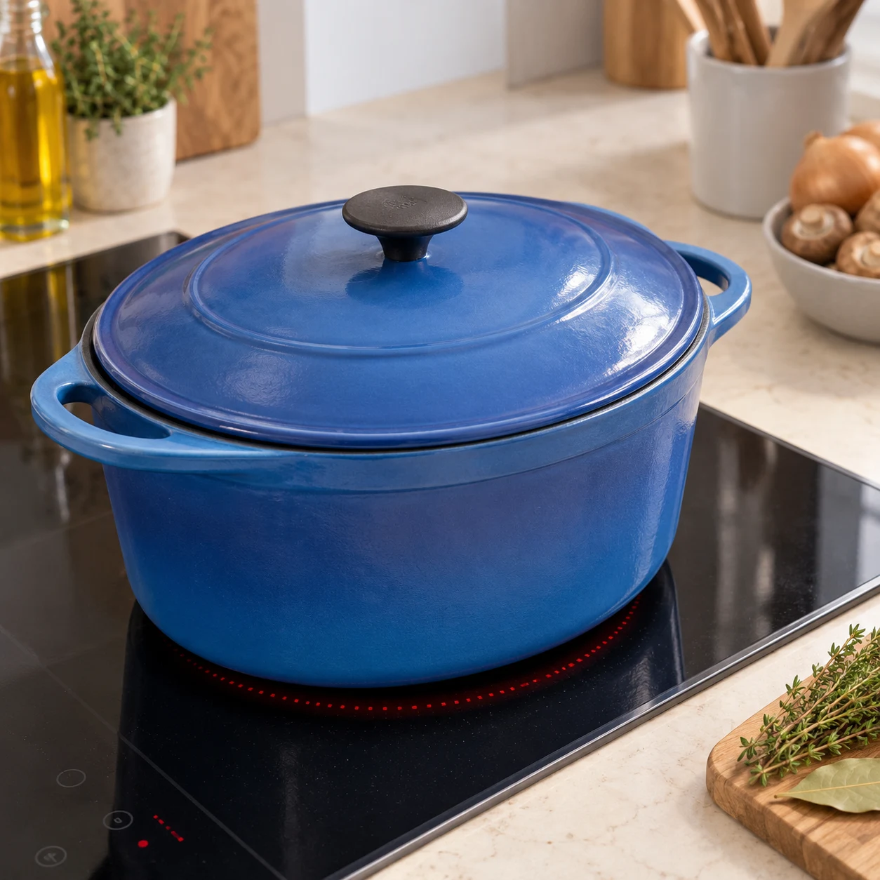 Cocotte en fonte bleue fermée par son couvercle sur une plaque de cuisson, à feu doux.
